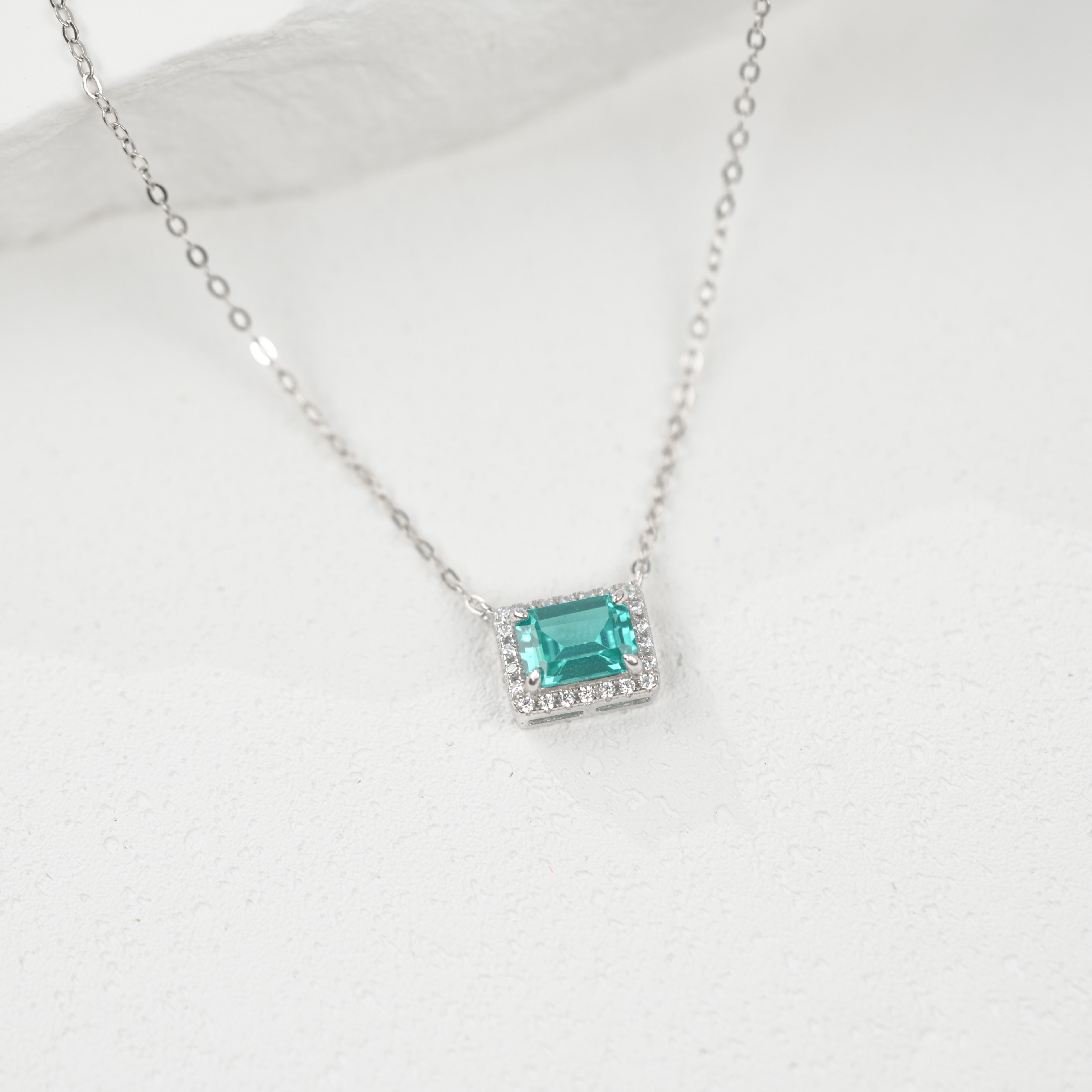 Lab-Grown Paraiba Color YAG Necklace | S925 Sterling Silver Plated 18K Gold, Emerald Cut with Halo Zircon Accents, Dainty Gemstone Pendant Jewelry