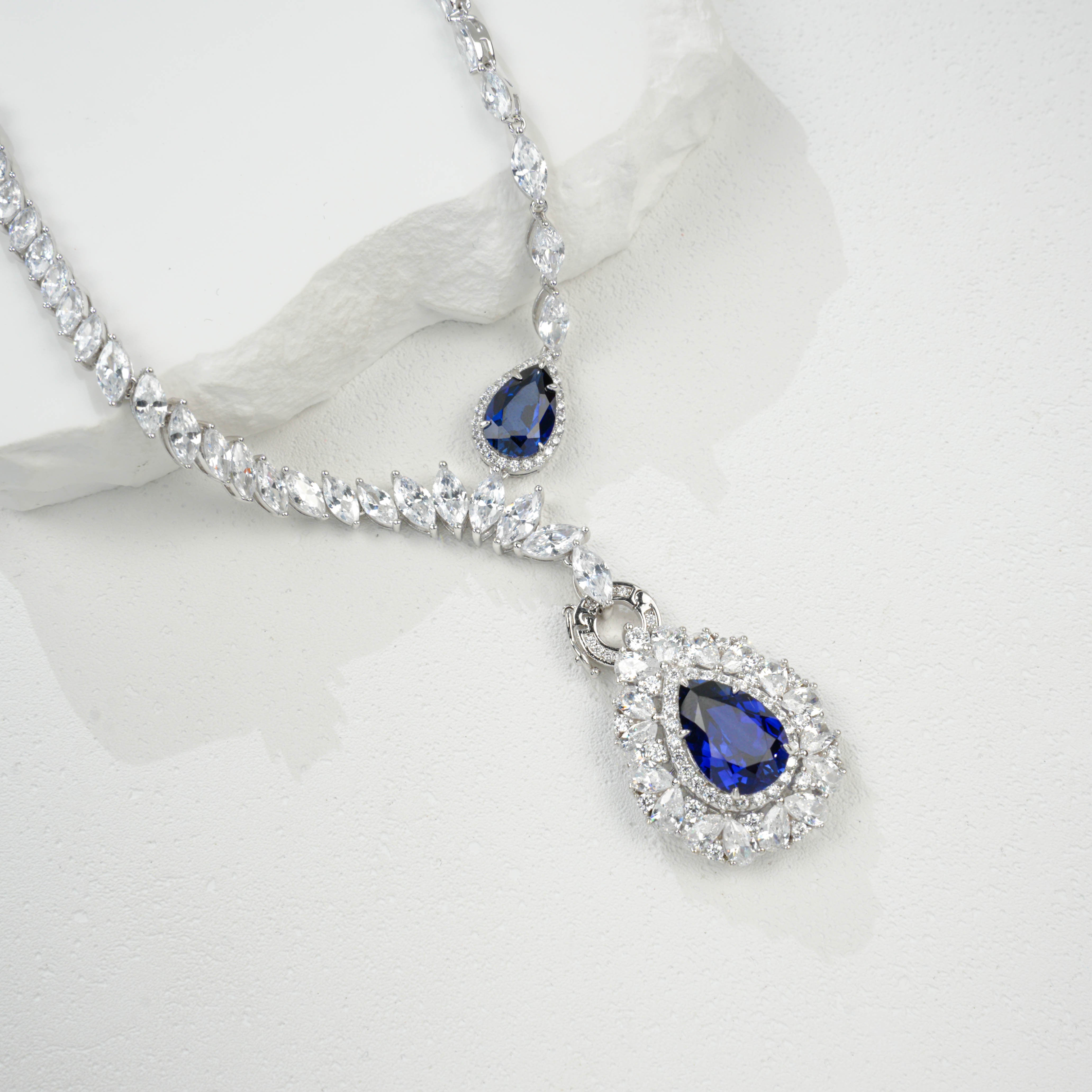 Lab-Grown Sapphire Teardrop Pendant Necklace | S925 Sterling Silver Plated 18K Gold, Halo Zircon Accents, Luxury Statement Jewelry for Women