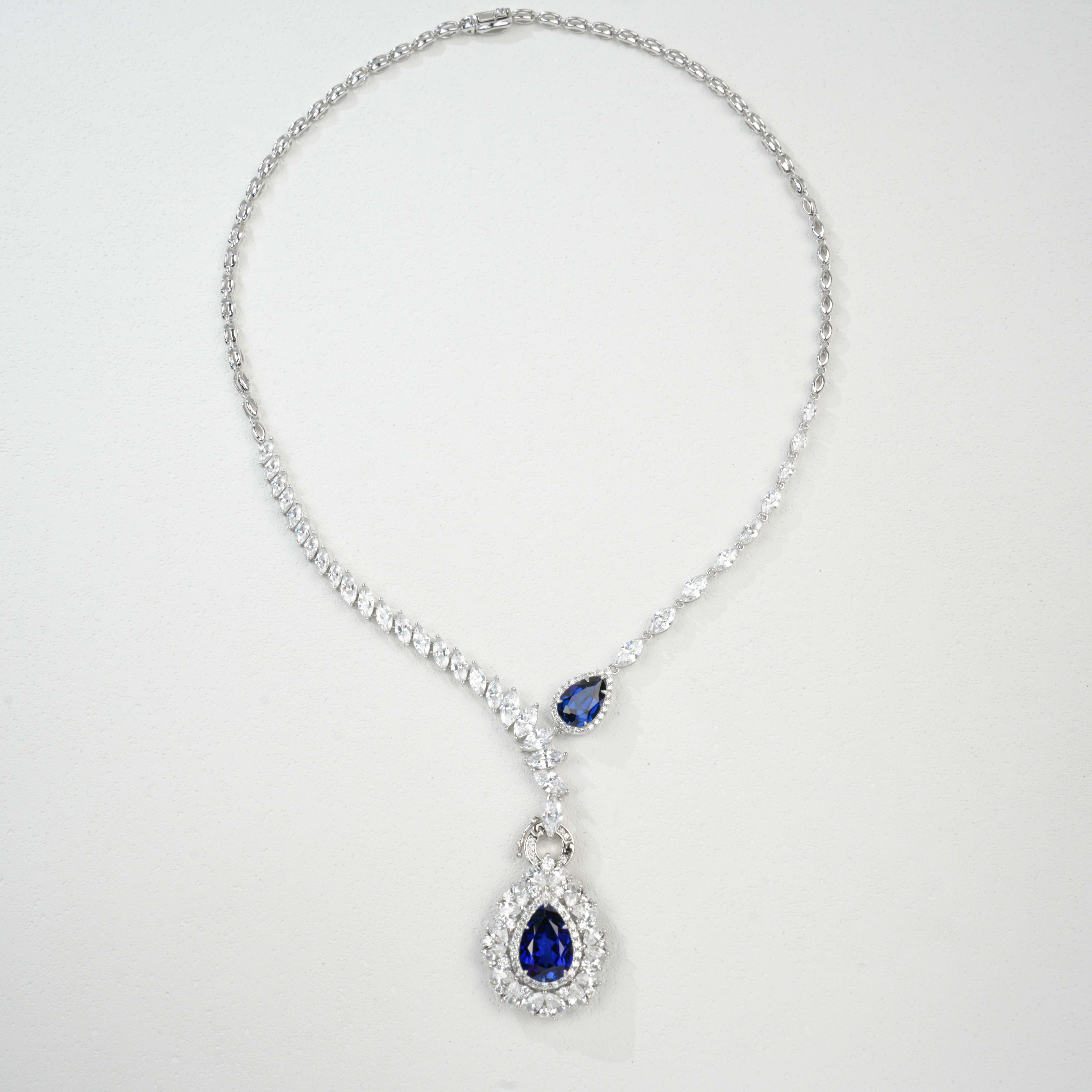 Lab-Grown Sapphire Teardrop Pendant Necklace | S925 Sterling Silver Plated 18K Gold, Halo Zircon Accents, Luxury Statement Jewelry for Women