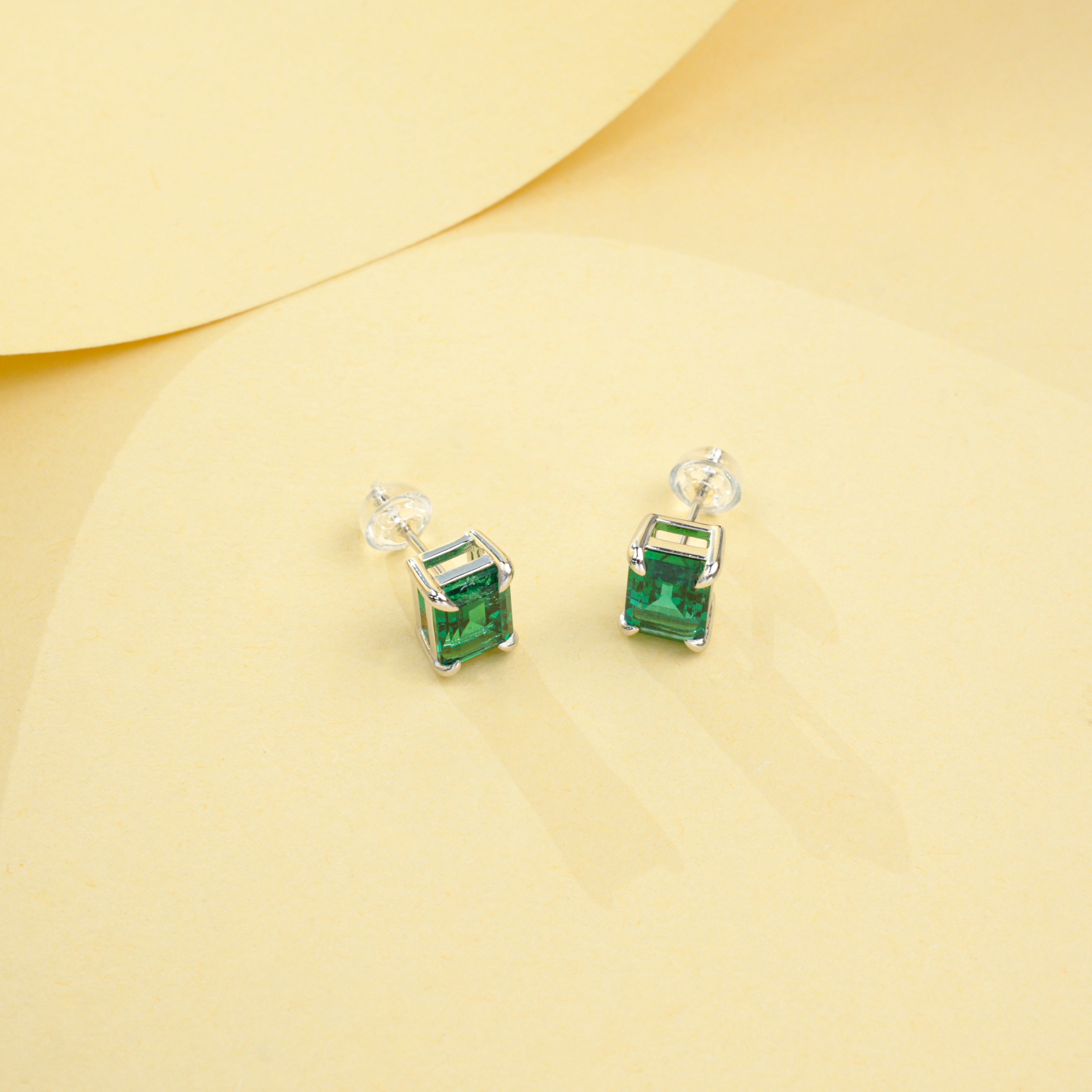 Cultured Emeralds - Minimalist Emerald Cut Earrings