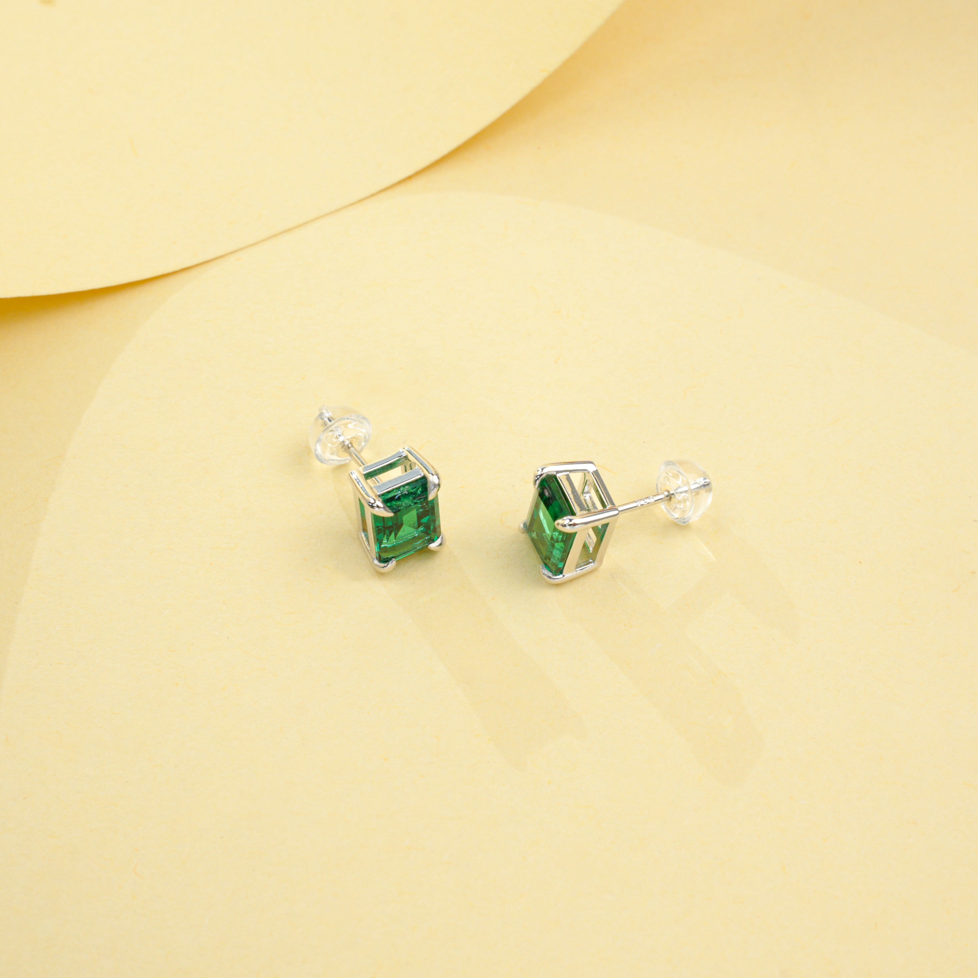 Cultured Emeralds - Minimalist Emerald Cut Earrings