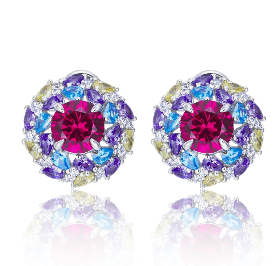 Cultured Ruby - Dazzling Floral Earrings