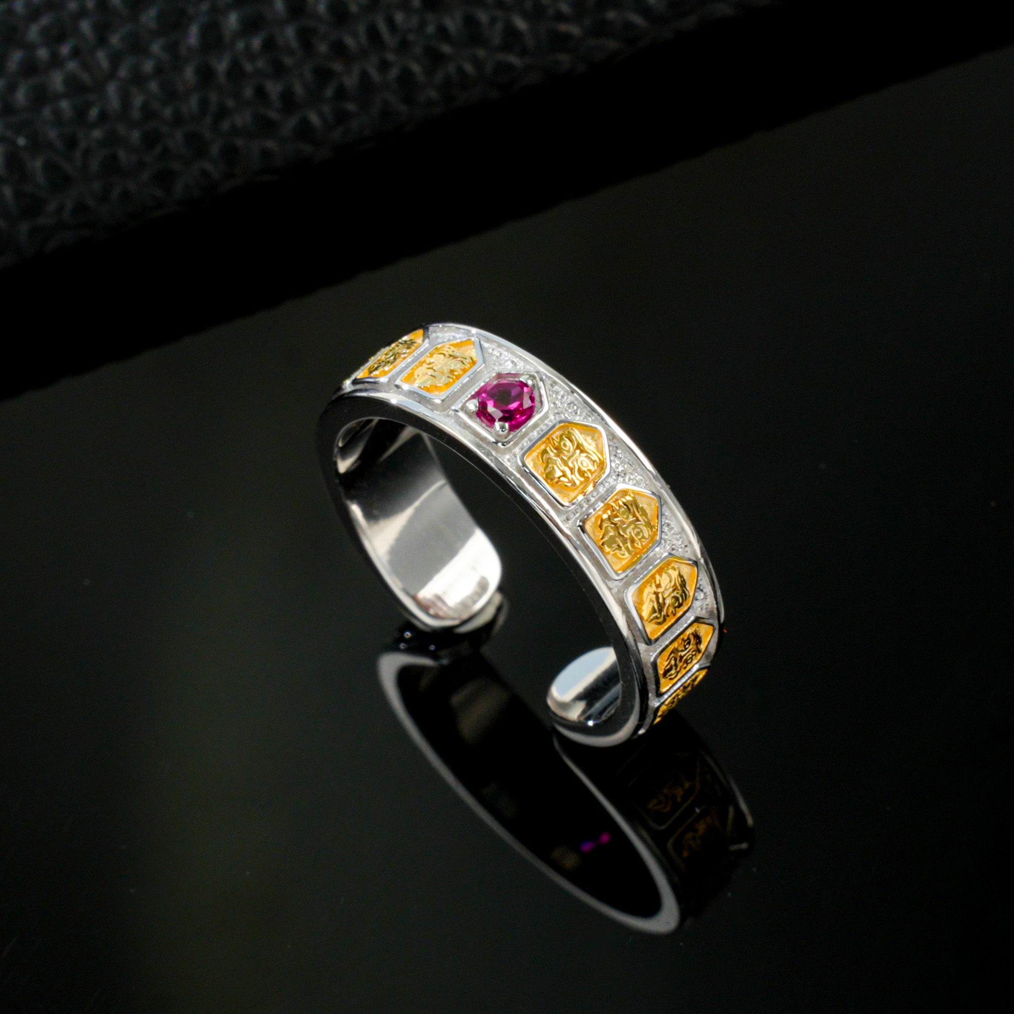 Lab-Grown Ruby - Filigree Diamond-Inlaid Colored Gold Ring