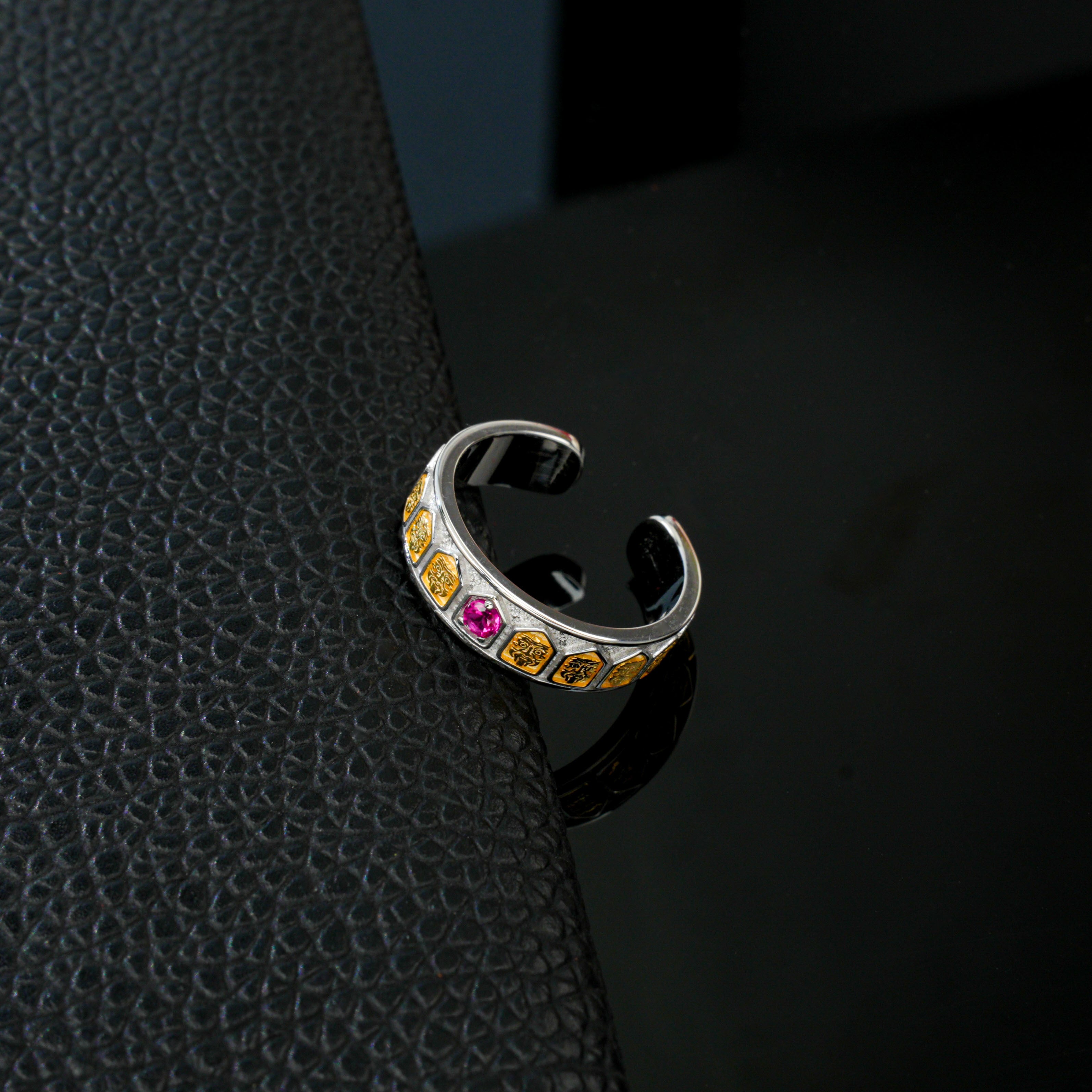 Lab-Grown Ruby - Filigree Diamond-Inlaid Colored Gold Ring