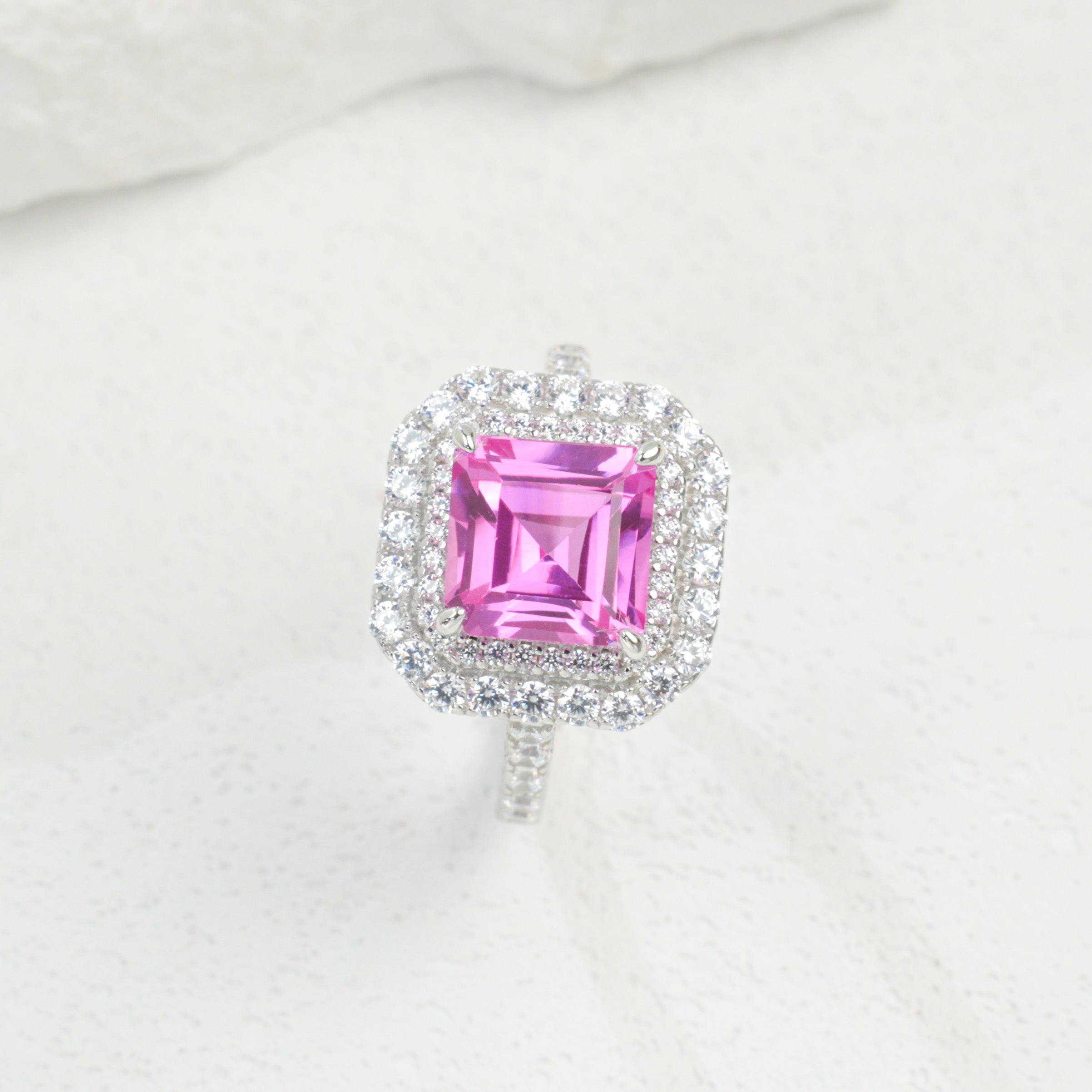 ab-Grown Sapphire - Diamond-Surrounded Square Court Deep Blue Ring