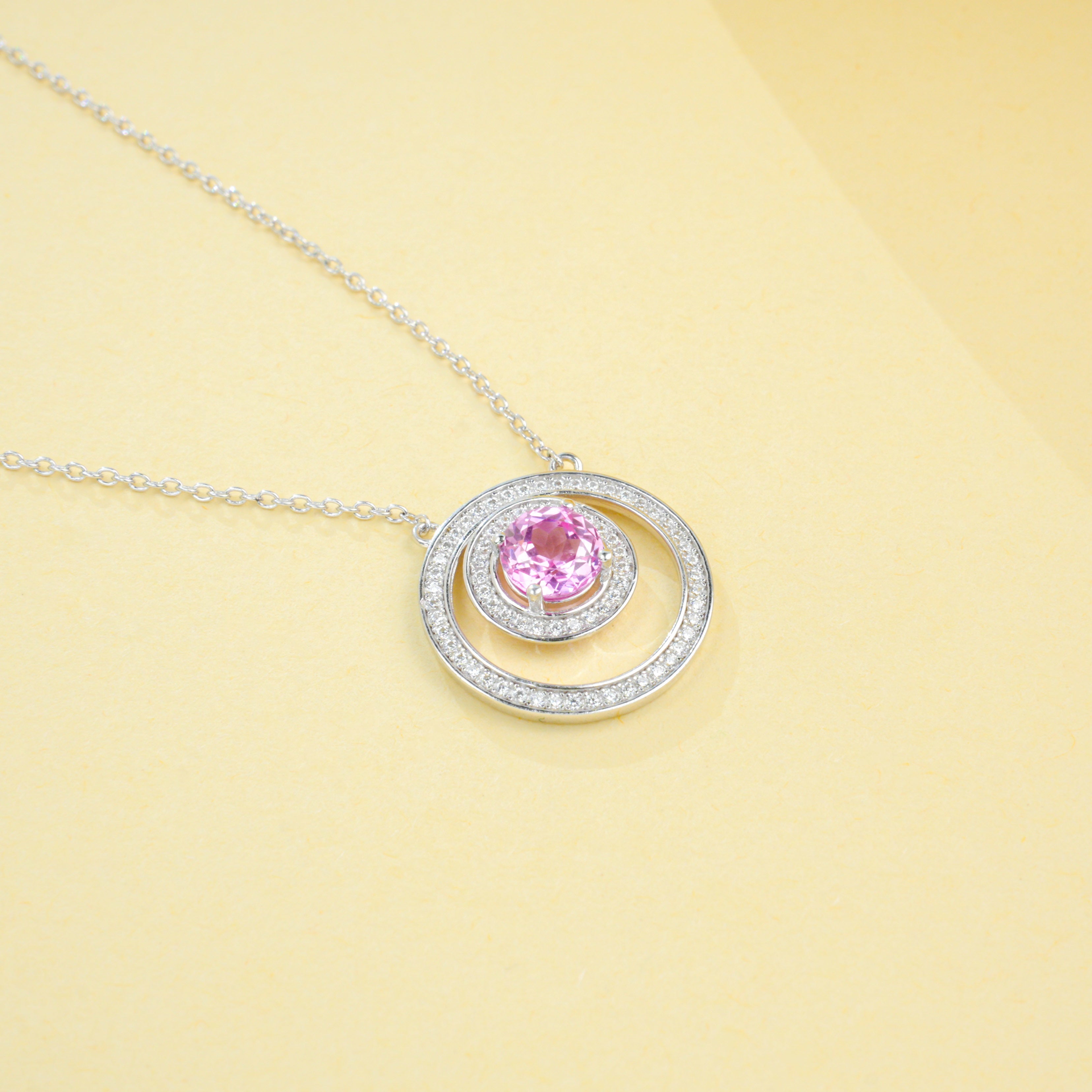 Lab-Grown Padparadscha - Double-Hoop Soft Pink Starwheel Necklace