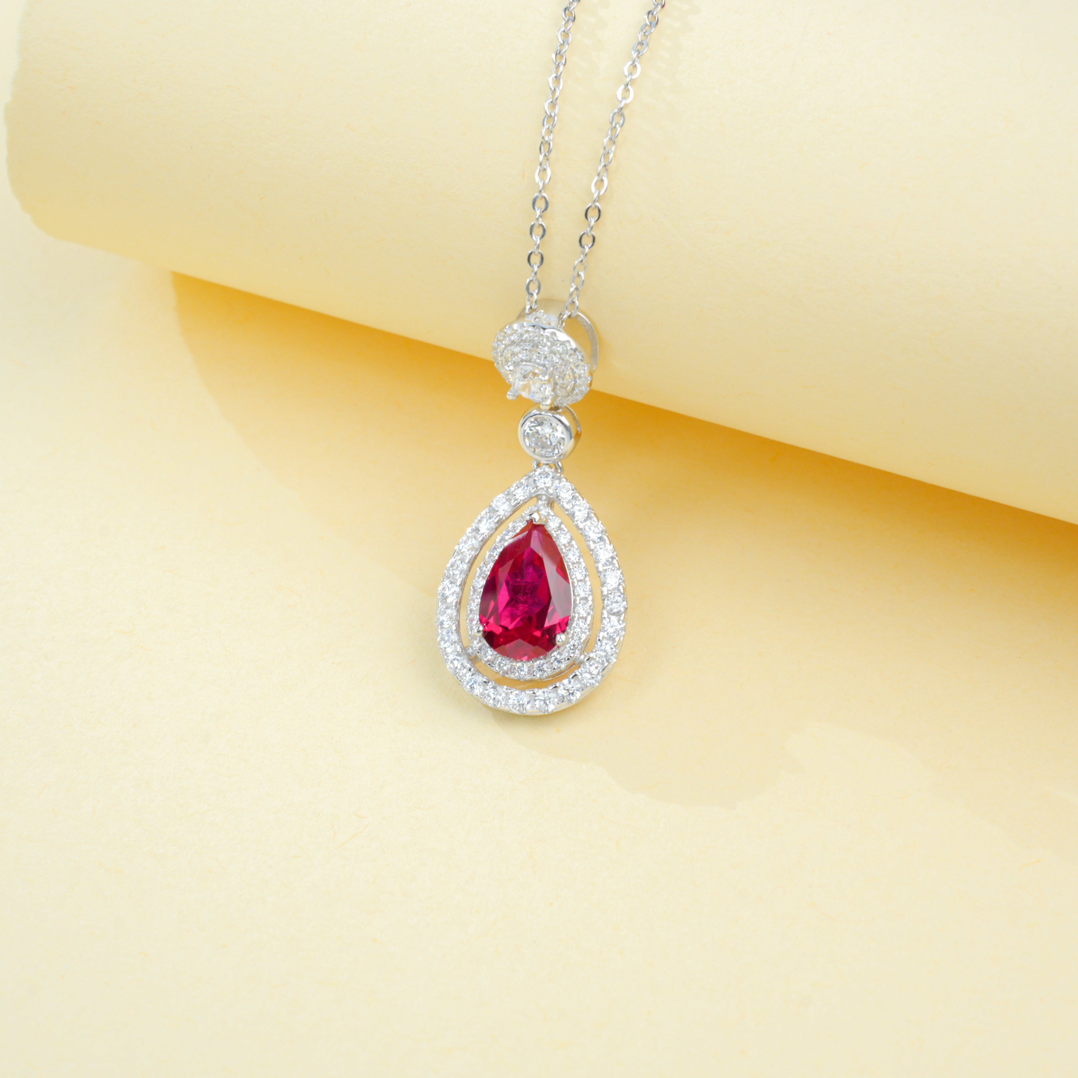 Lab-Grown Ruby - Teardrop Crimson Diamond Dangle Necklace