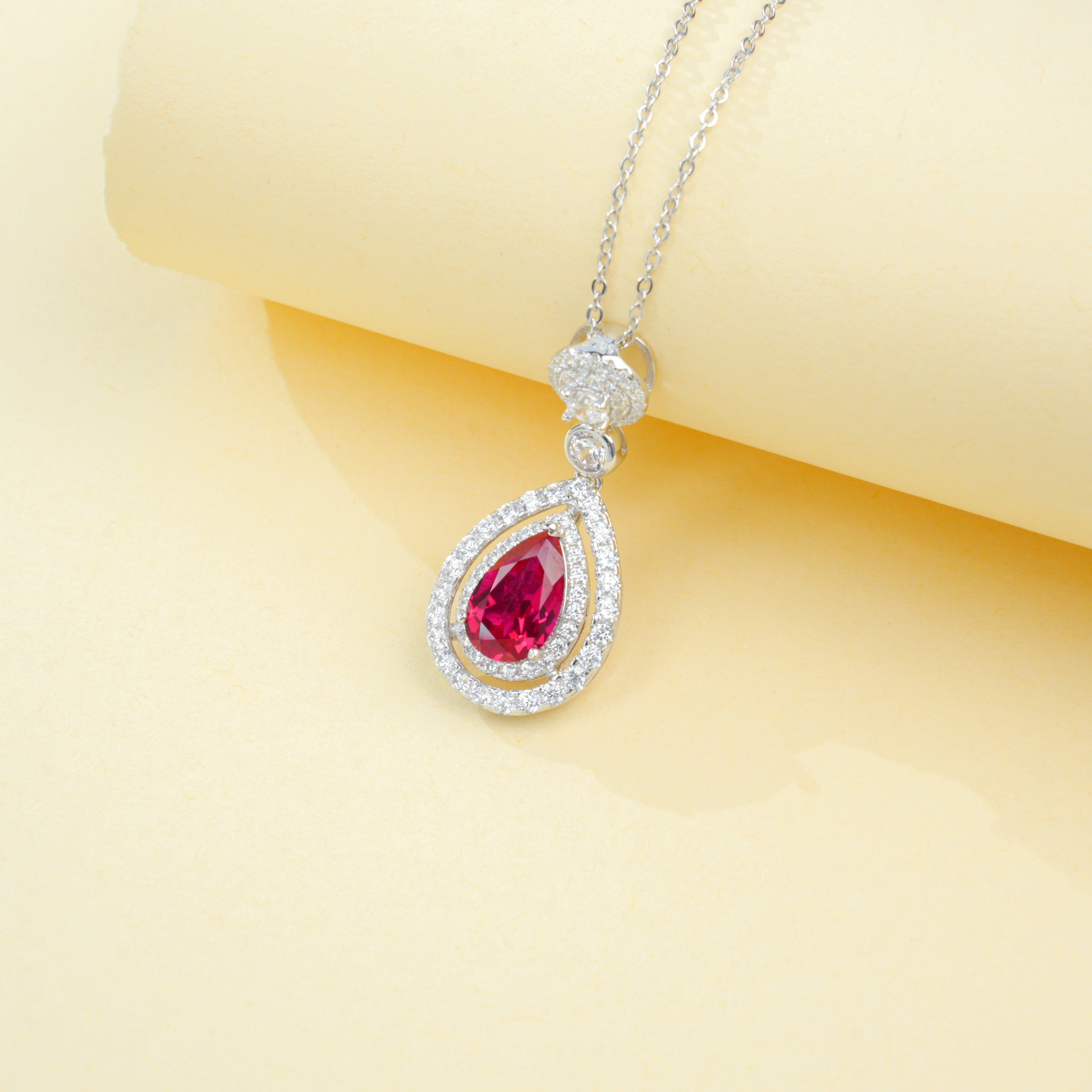 Lab-Grown Ruby - Teardrop Crimson Diamond Dangle Necklace
