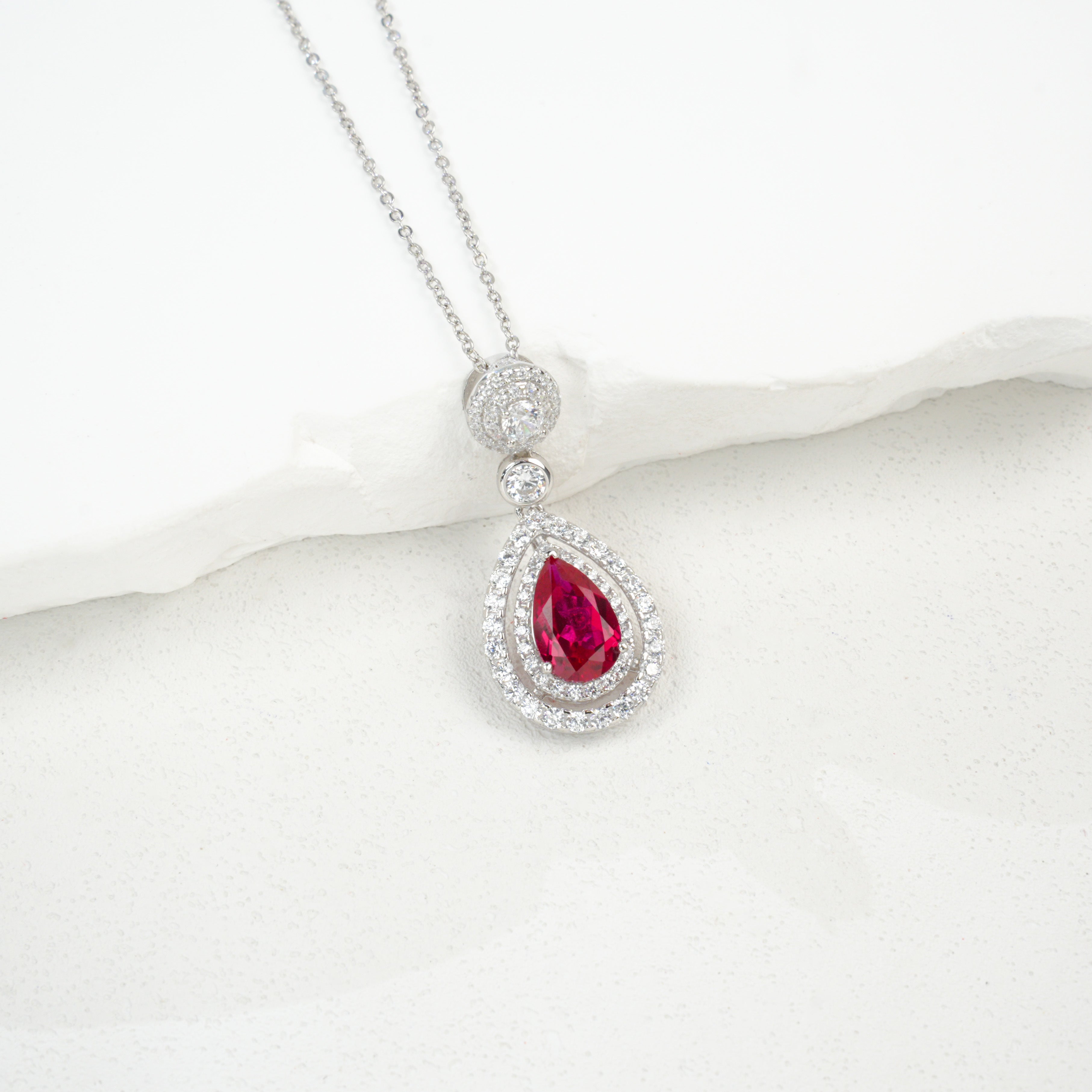 Lab-Grown Ruby - Teardrop Crimson Diamond Dangle Necklace