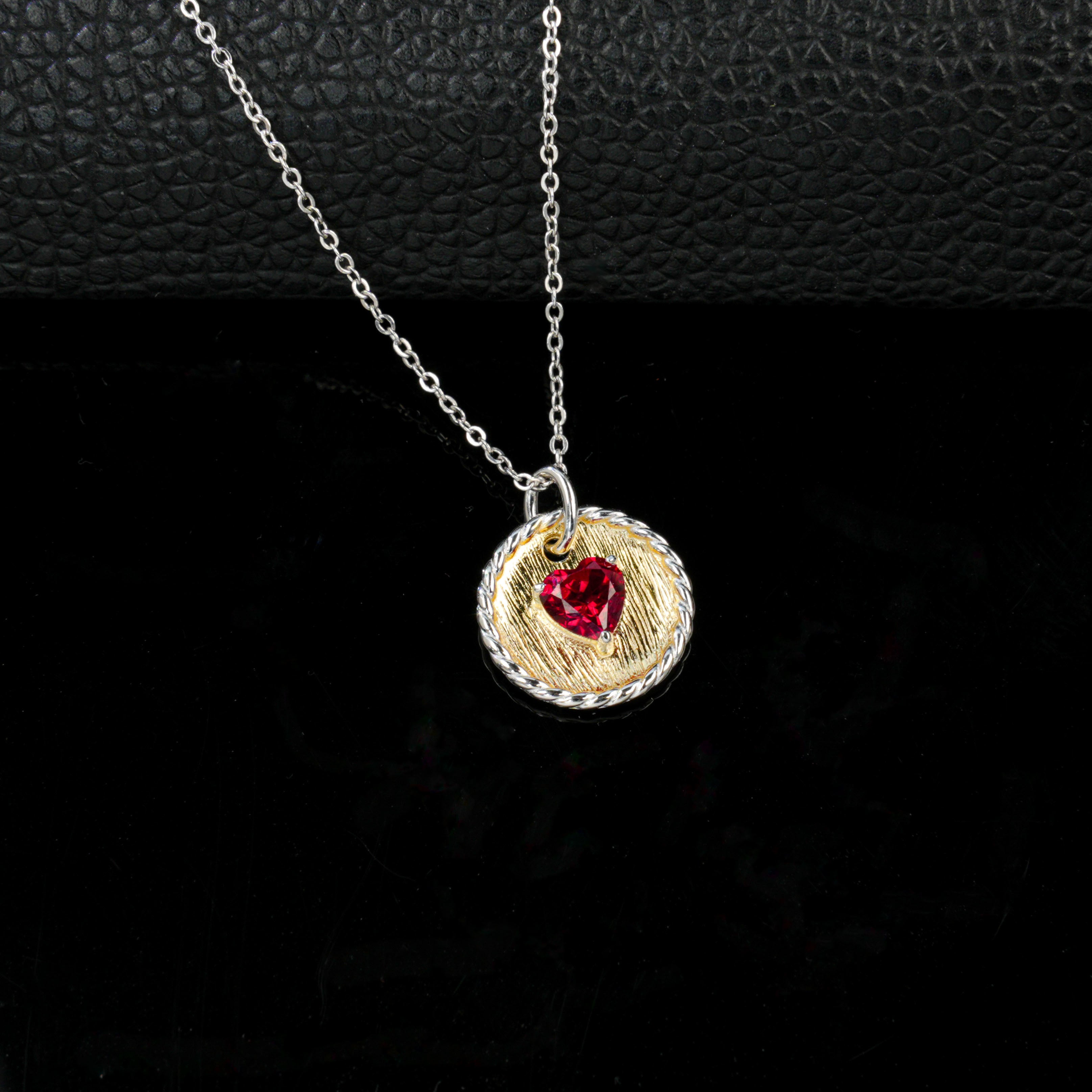 Lab-Grown Ruby - Heart Crimson Gold-Patterned Round Disc Necklace