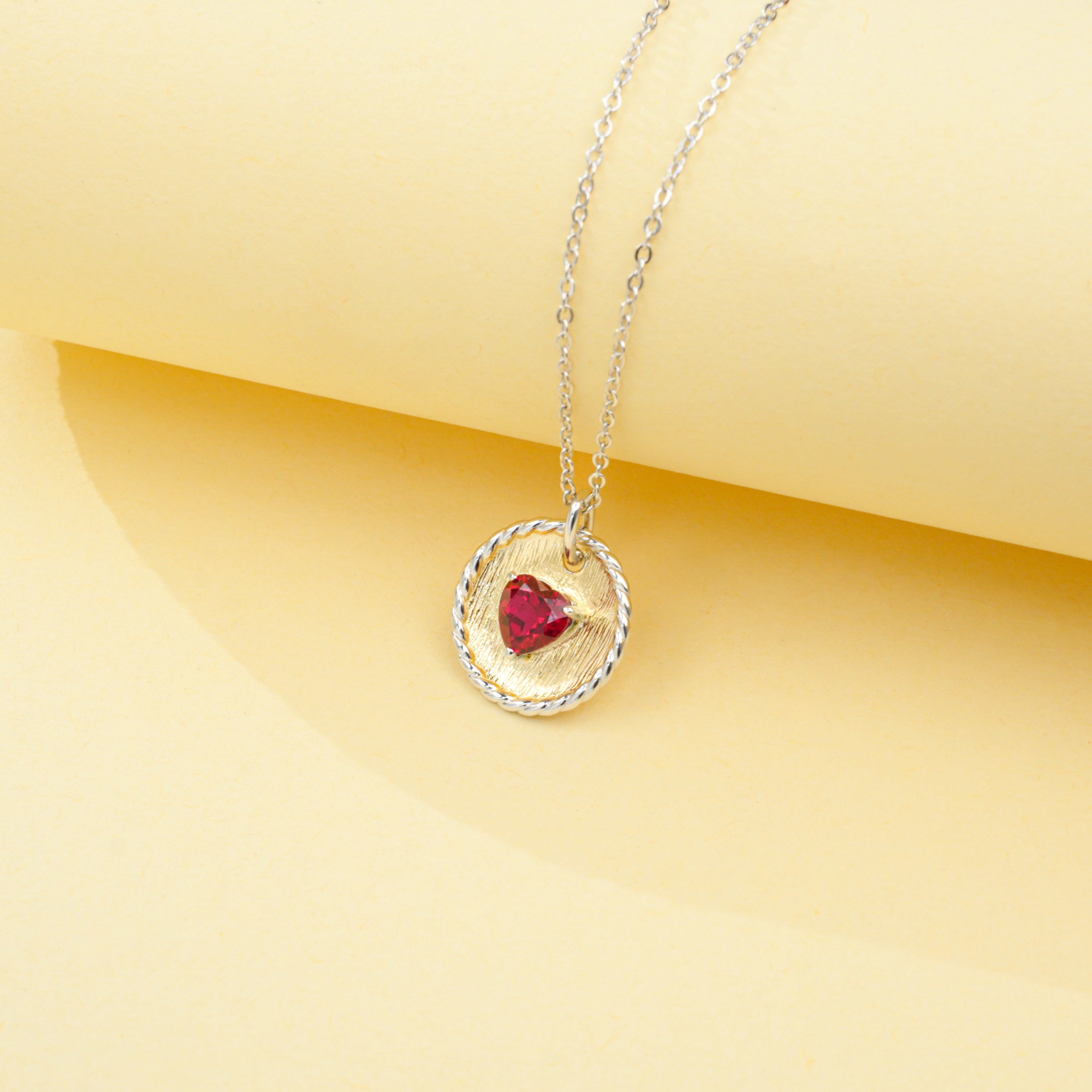 Lab-Grown Ruby - Heart Crimson Gold-Patterned Round Disc Necklace