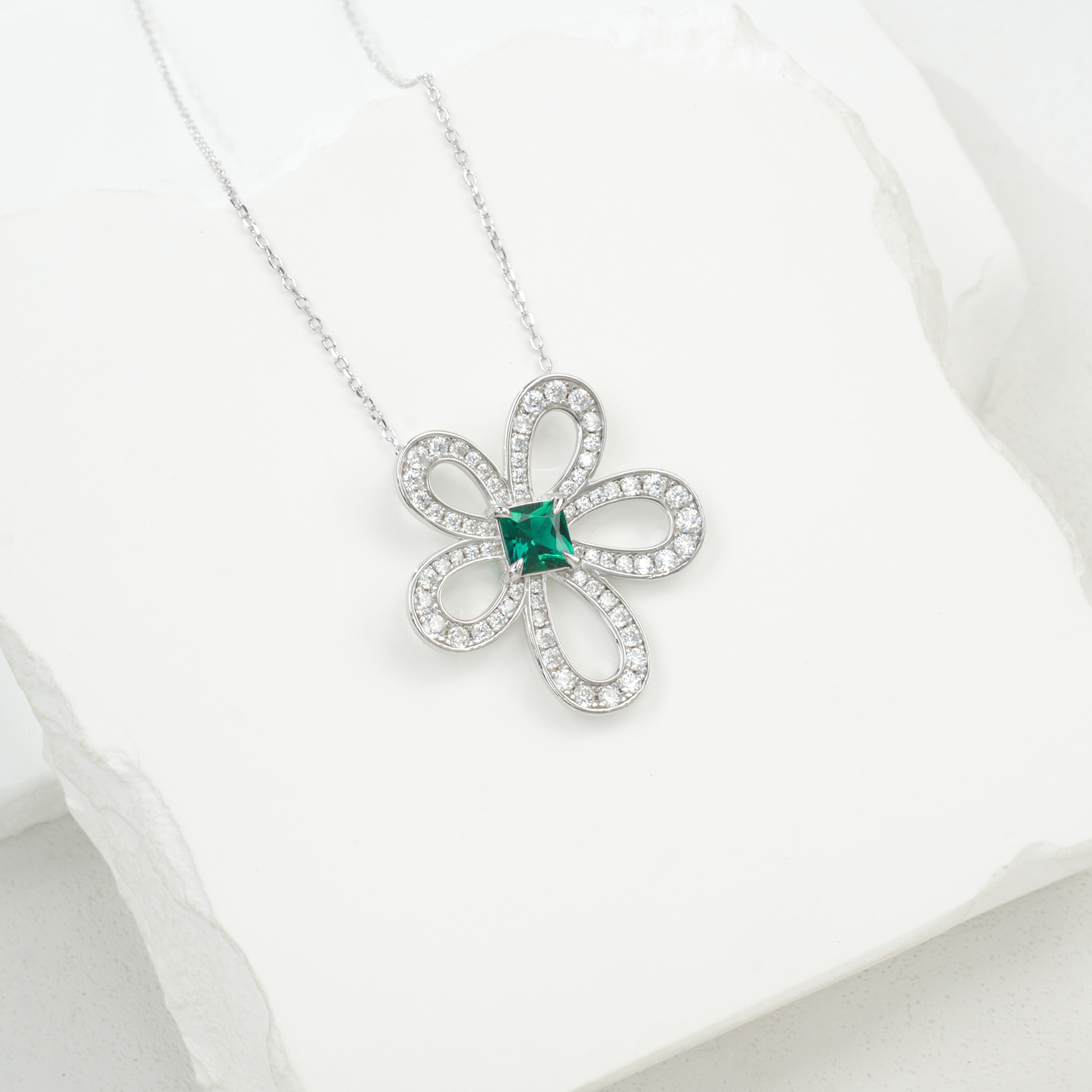 Lab-Grown Emerald - Flower Cluster Square Emerald Blooming Necklace