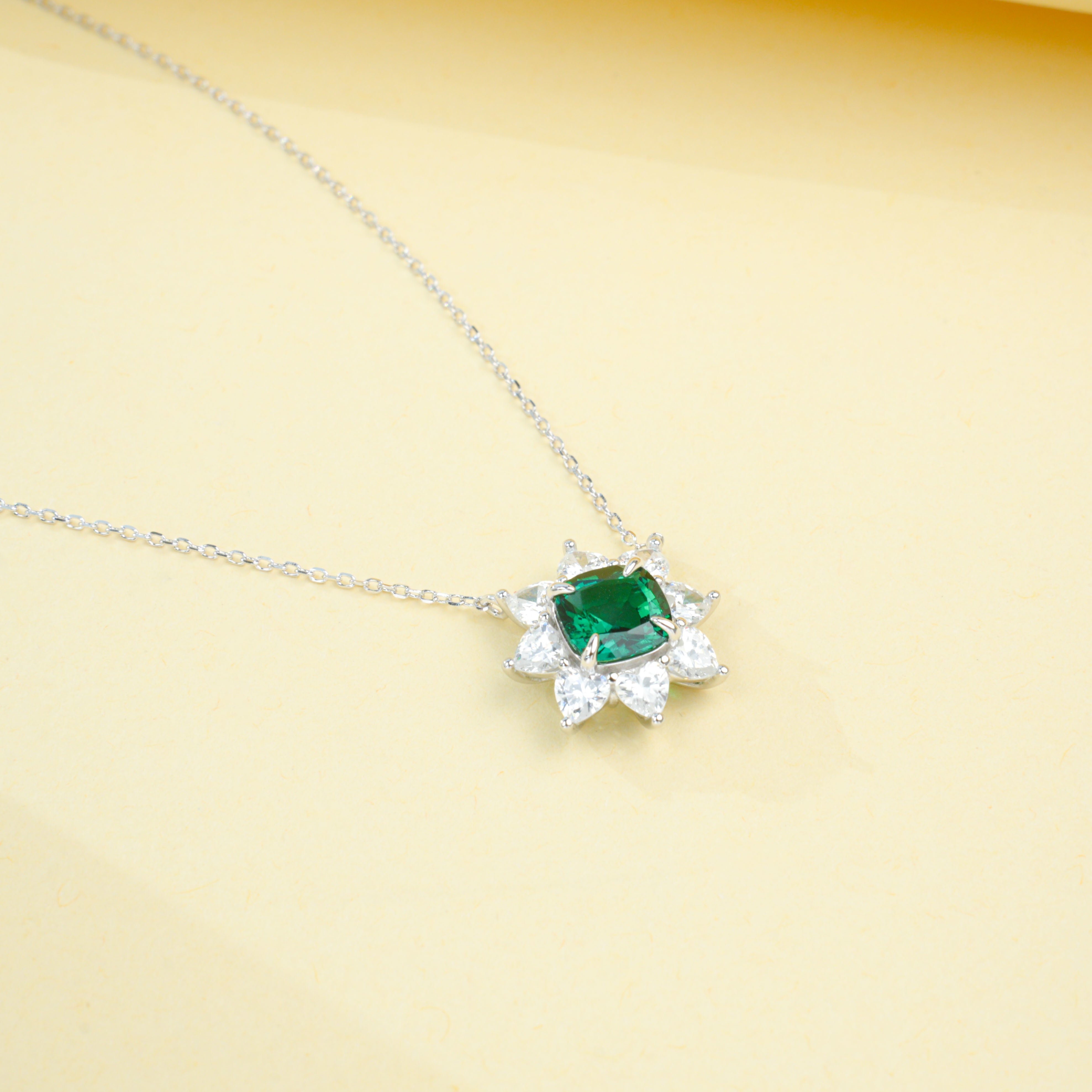 Lab-Grown Emerald - Square Emerald Starburst Flower-Blooming Necklace