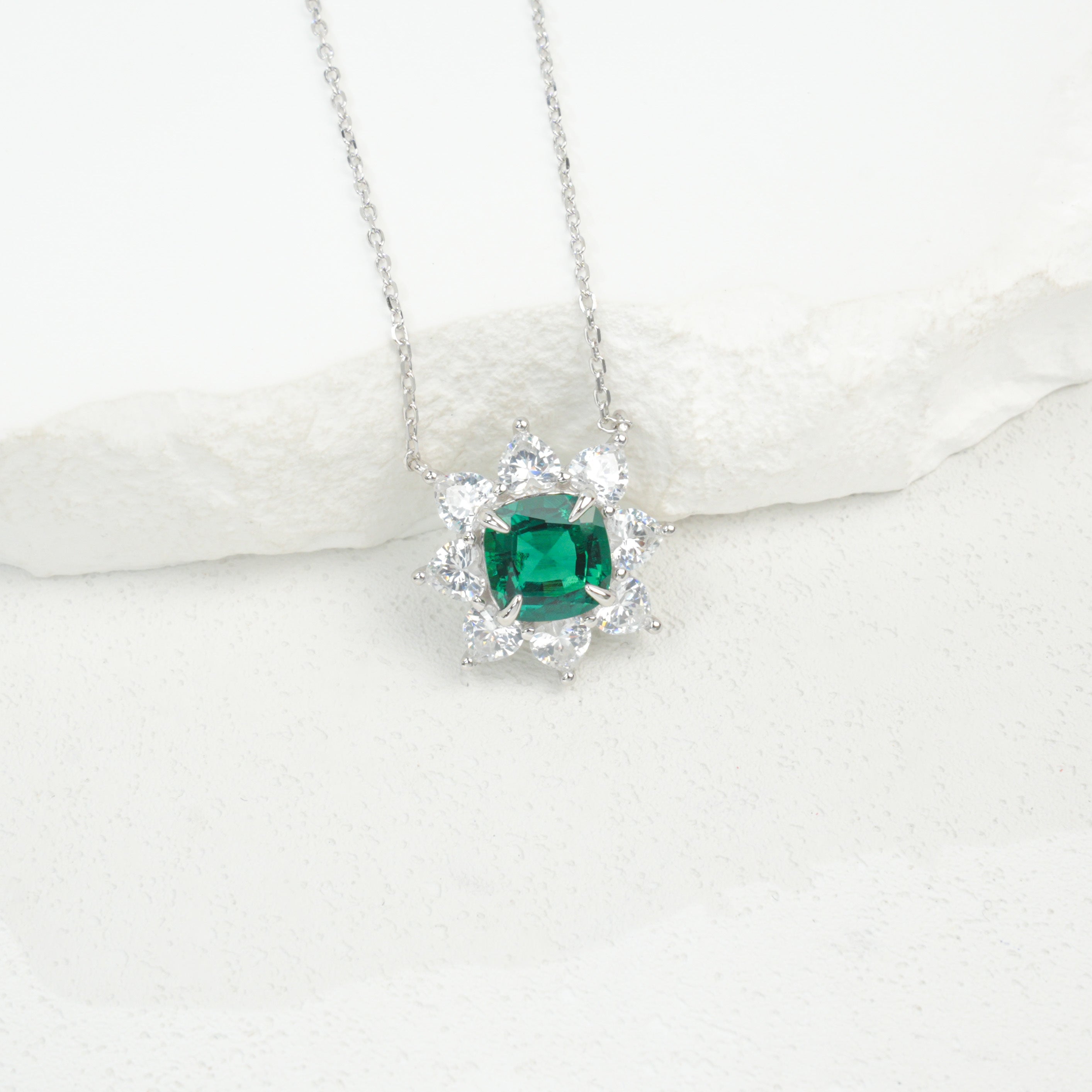 Lab-Grown Emerald - Square Emerald Starburst Flower-Blooming Necklace