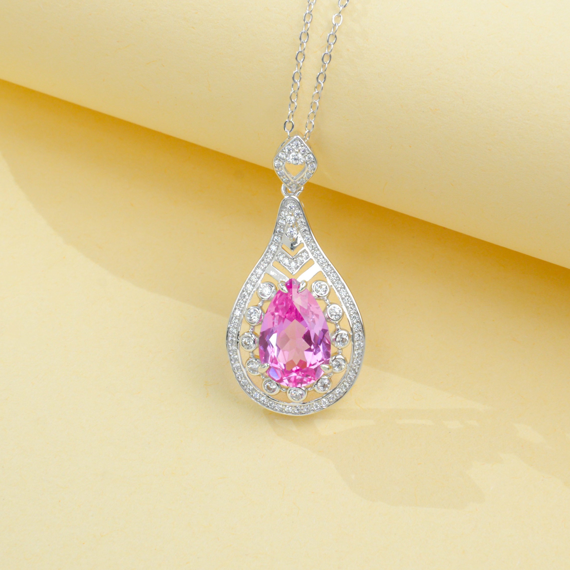 Lab-Grown Padparadscha - Teardrop Soft Crimson Diamond-Halo Necklace