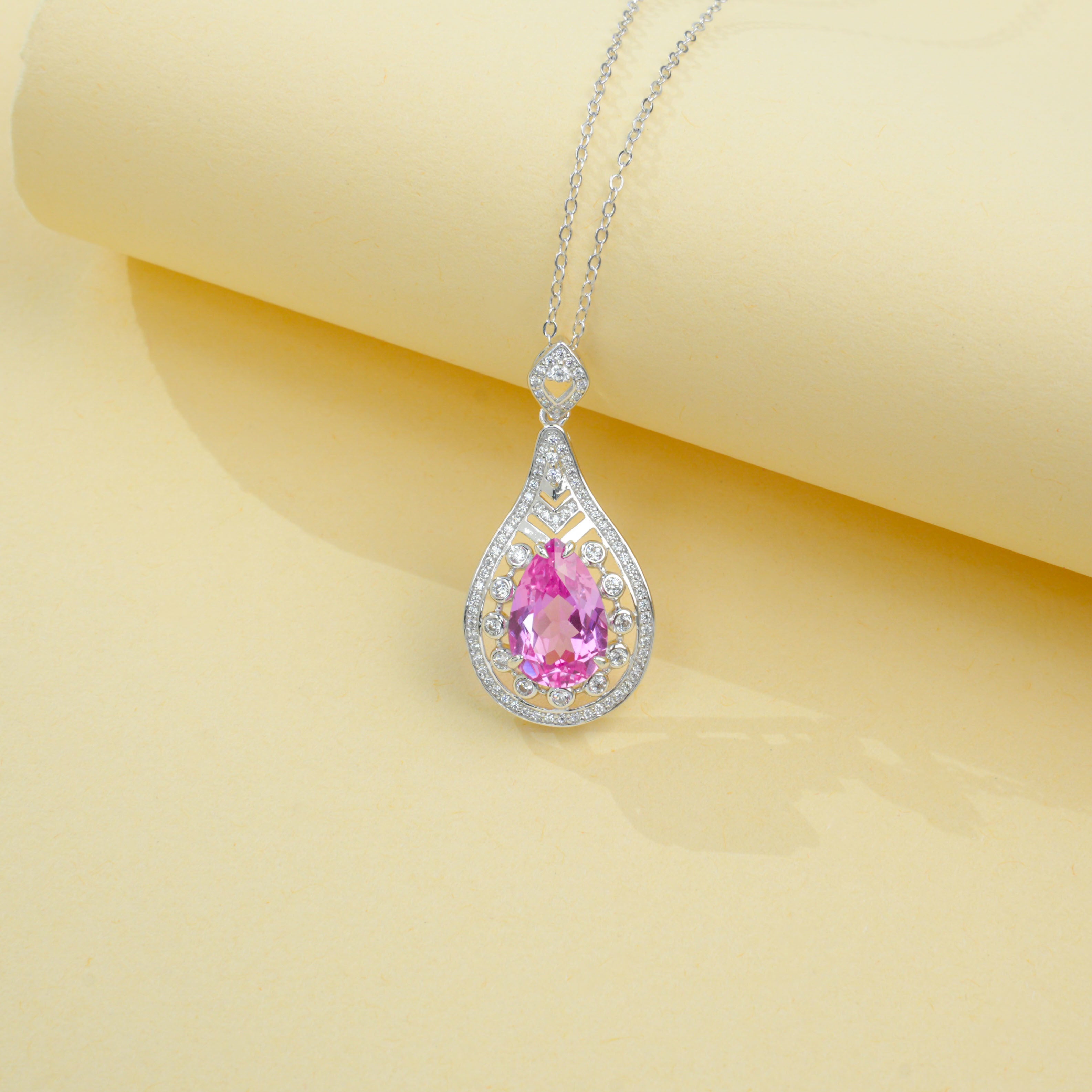 Lab-Grown Padparadscha - Teardrop Soft Crimson Diamond-Halo Necklace