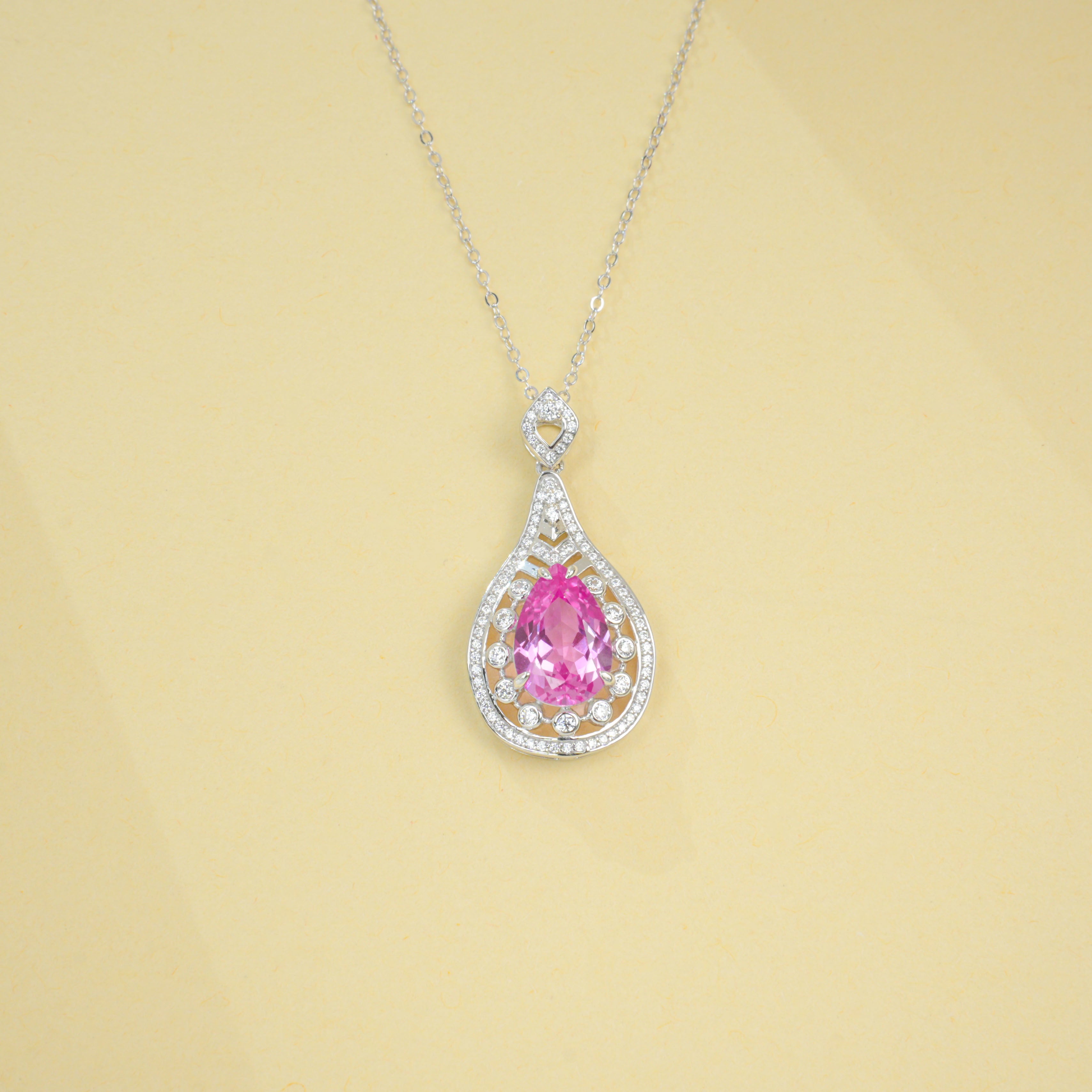 Lab-Grown Padparadscha - Teardrop Soft Crimson Diamond-Halo Necklace