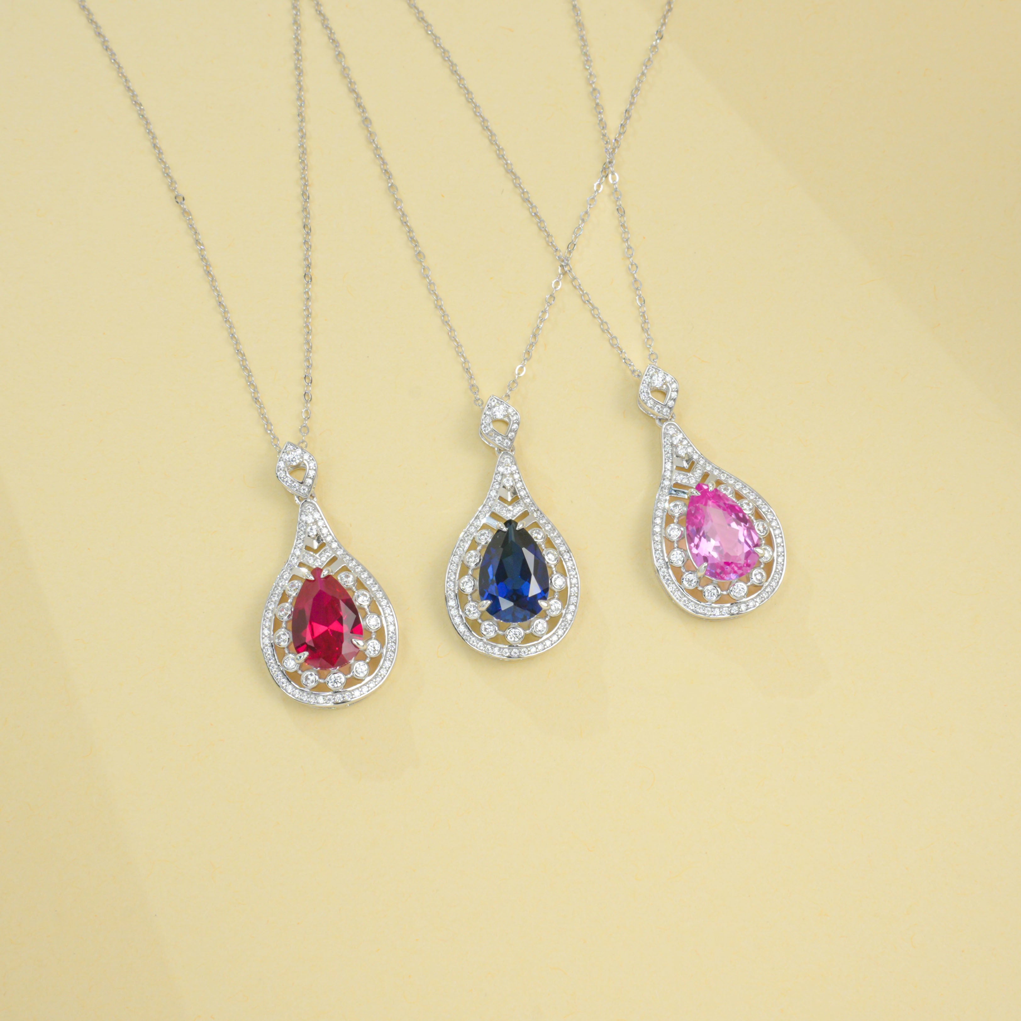 Lab-Grown Padparadscha - Teardrop Soft Crimson Diamond-Halo Necklace