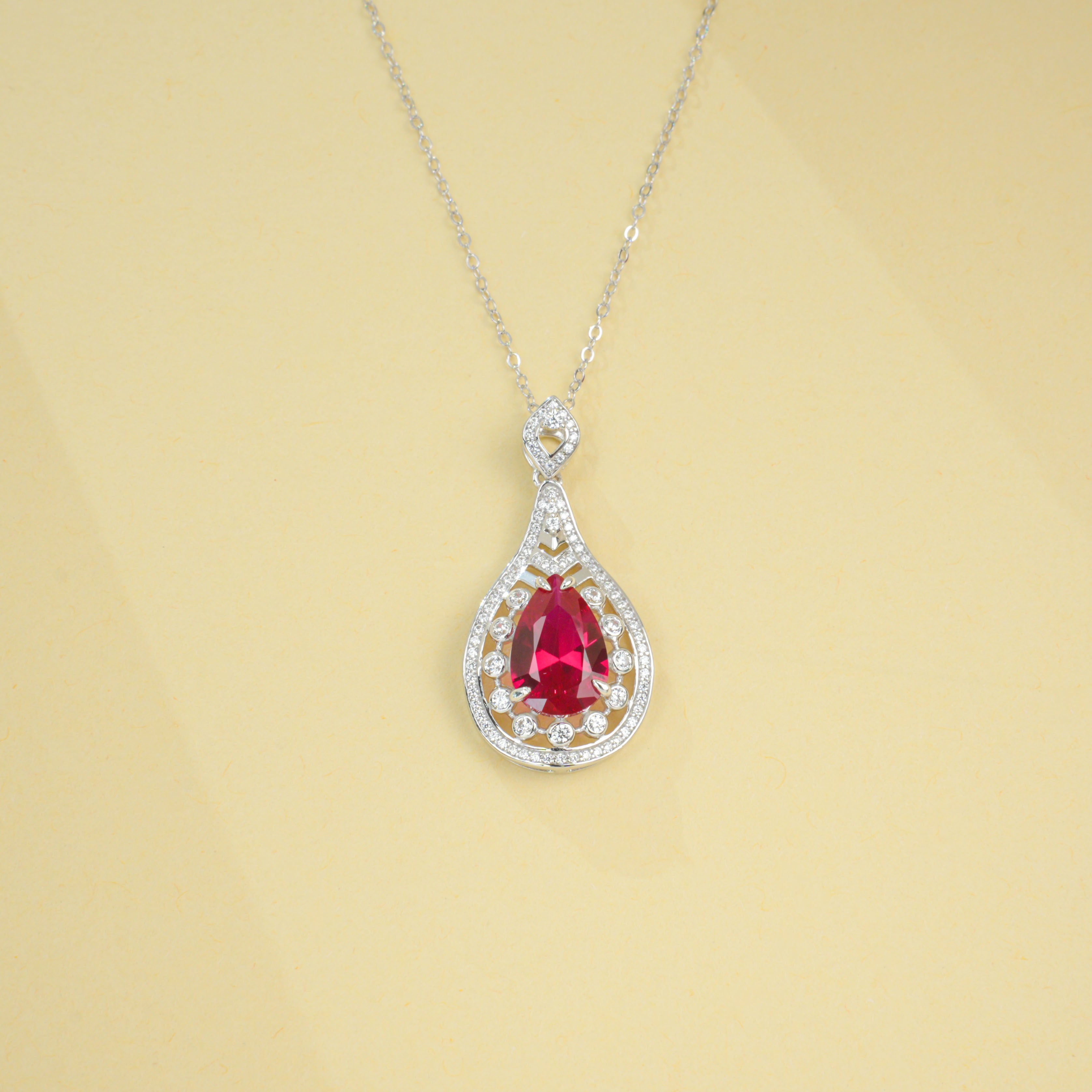 Lab-Grown Padparadscha - Teardrop Soft Crimson Diamond-Halo Necklace
