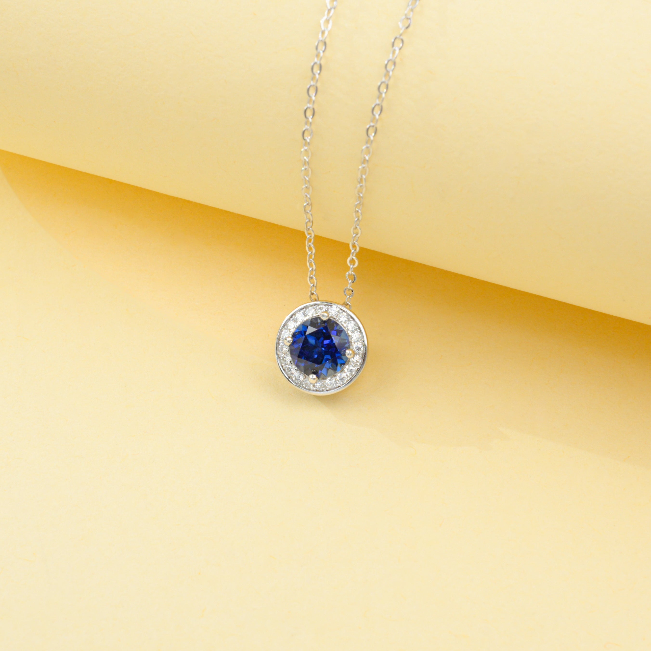Lab-Grown Sapphire - Round Blue Star Halo Necklace