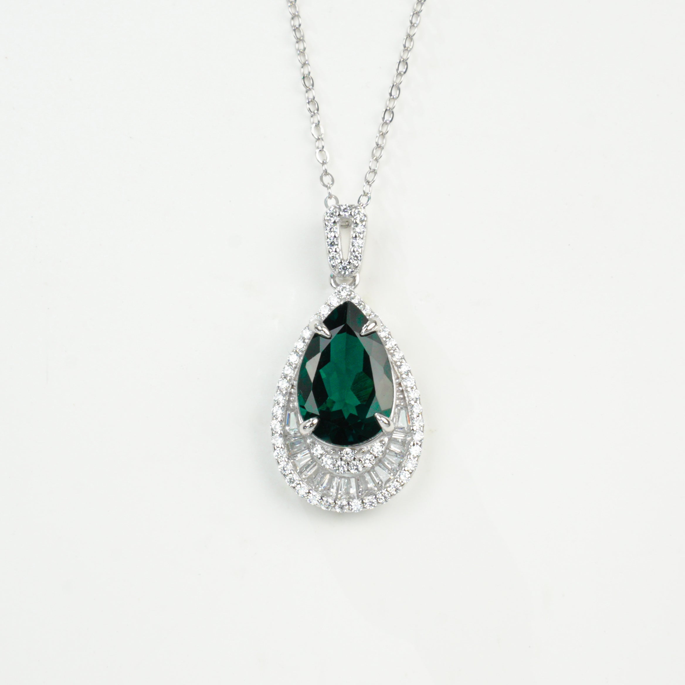 Lab-Grown Emerald - Teardrop Deep Verdant Diamond-Halo Necklace