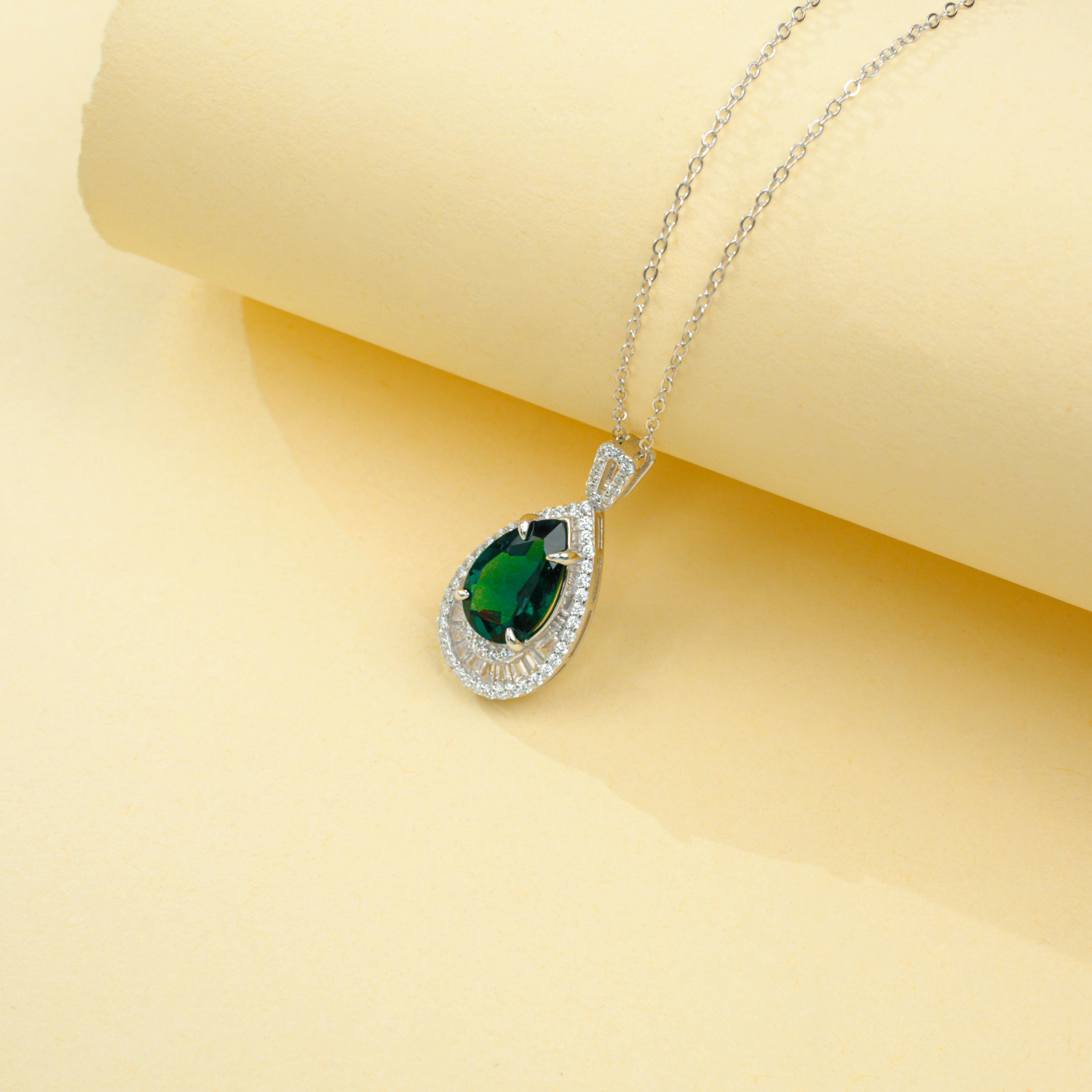 Lab-Grown Emerald - Teardrop Deep Verdant Diamond-Halo Necklace