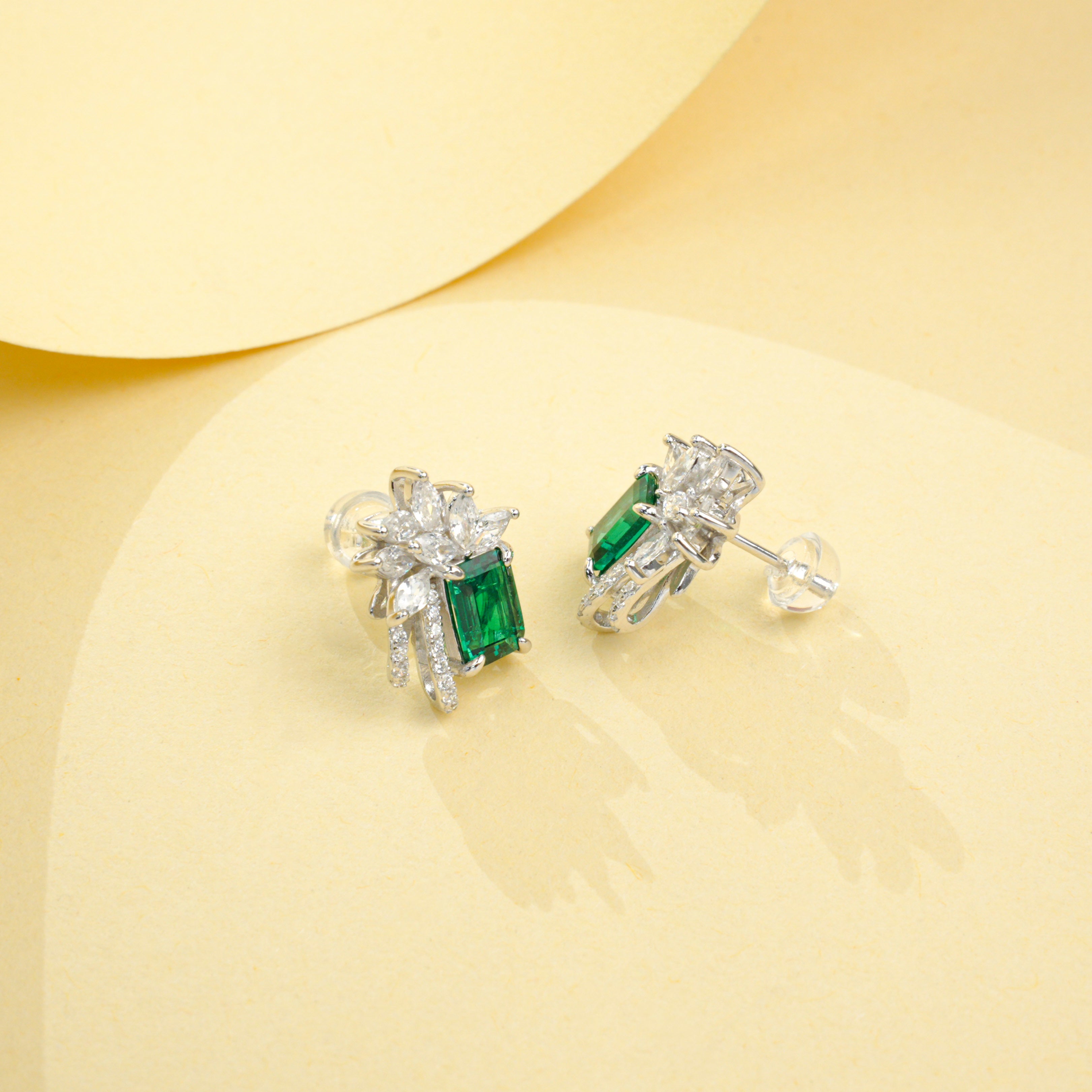 Lab-Grown Emerald - Long Emerald Flower-Bloom Diamond-Cluster Earrings