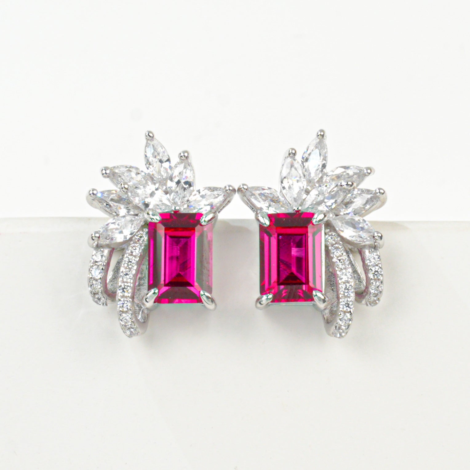 Lab-Grown Emerald - Long Emerald Flower-Bloom Diamond-Cluster Earrings