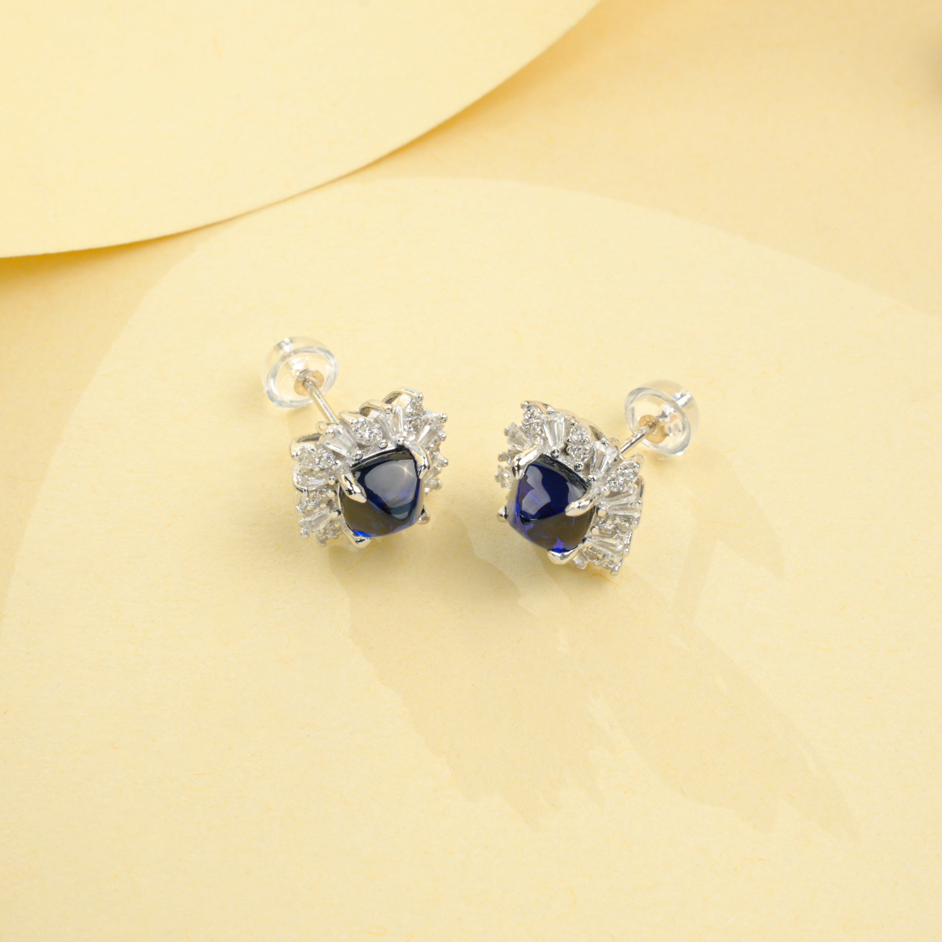 Lab-Grown Sapphire - Square Blue Starburst Diamond-Cluster Earrings