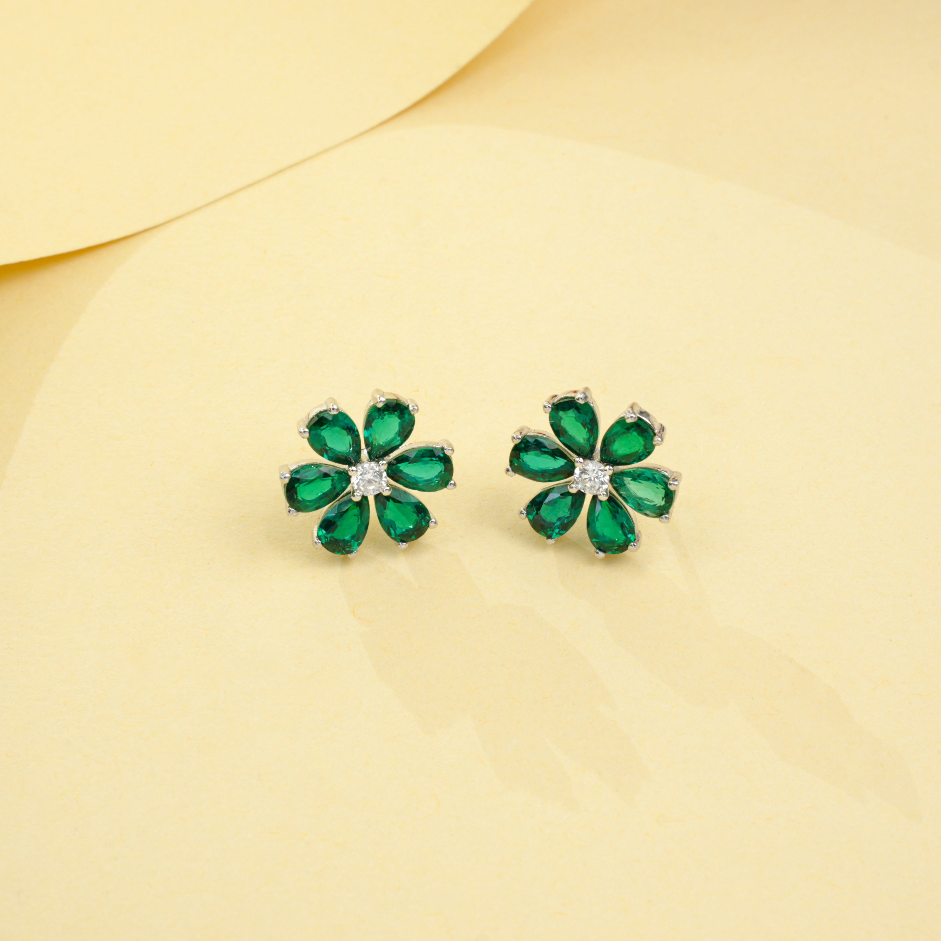 Lab-Grown Emerald - Emerald Petal Flower-Blooming Diamond-Center Earrings