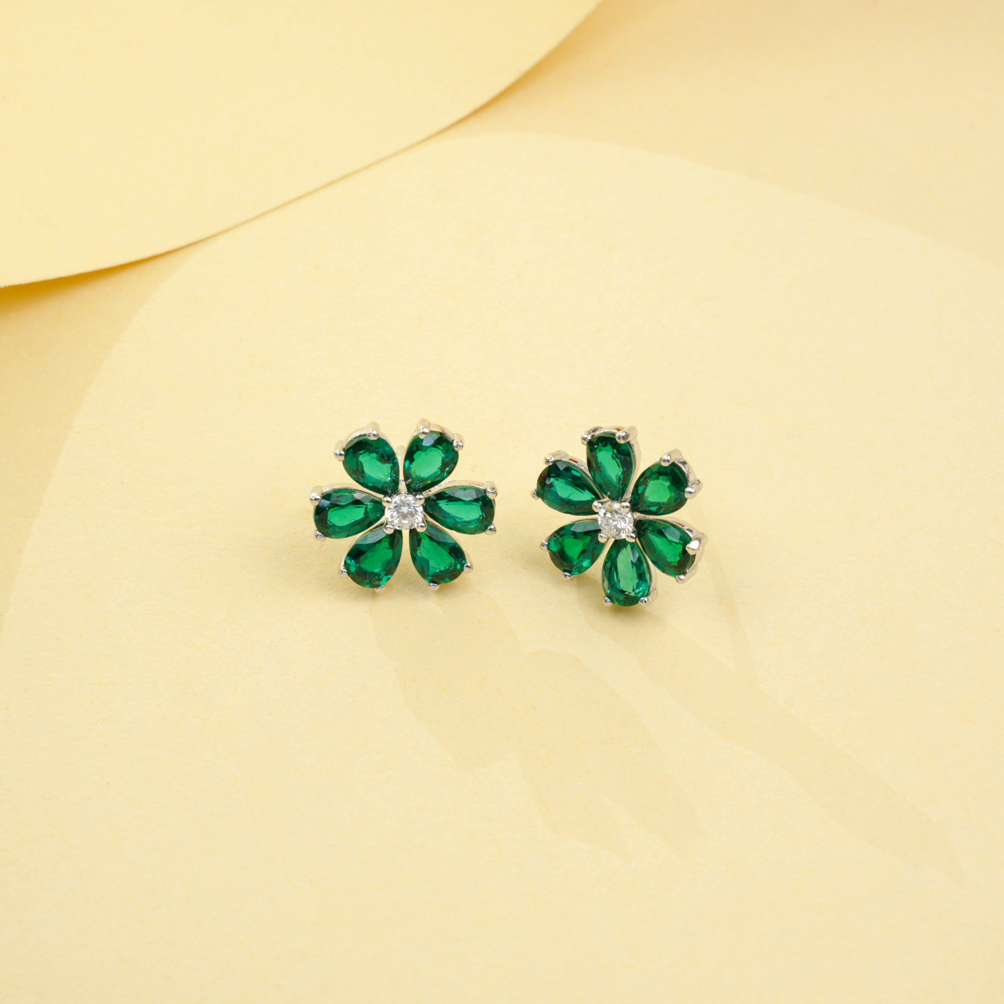 Lab-Grown Emerald - Emerald Petal Flower-Blooming Diamond-Center Earrings