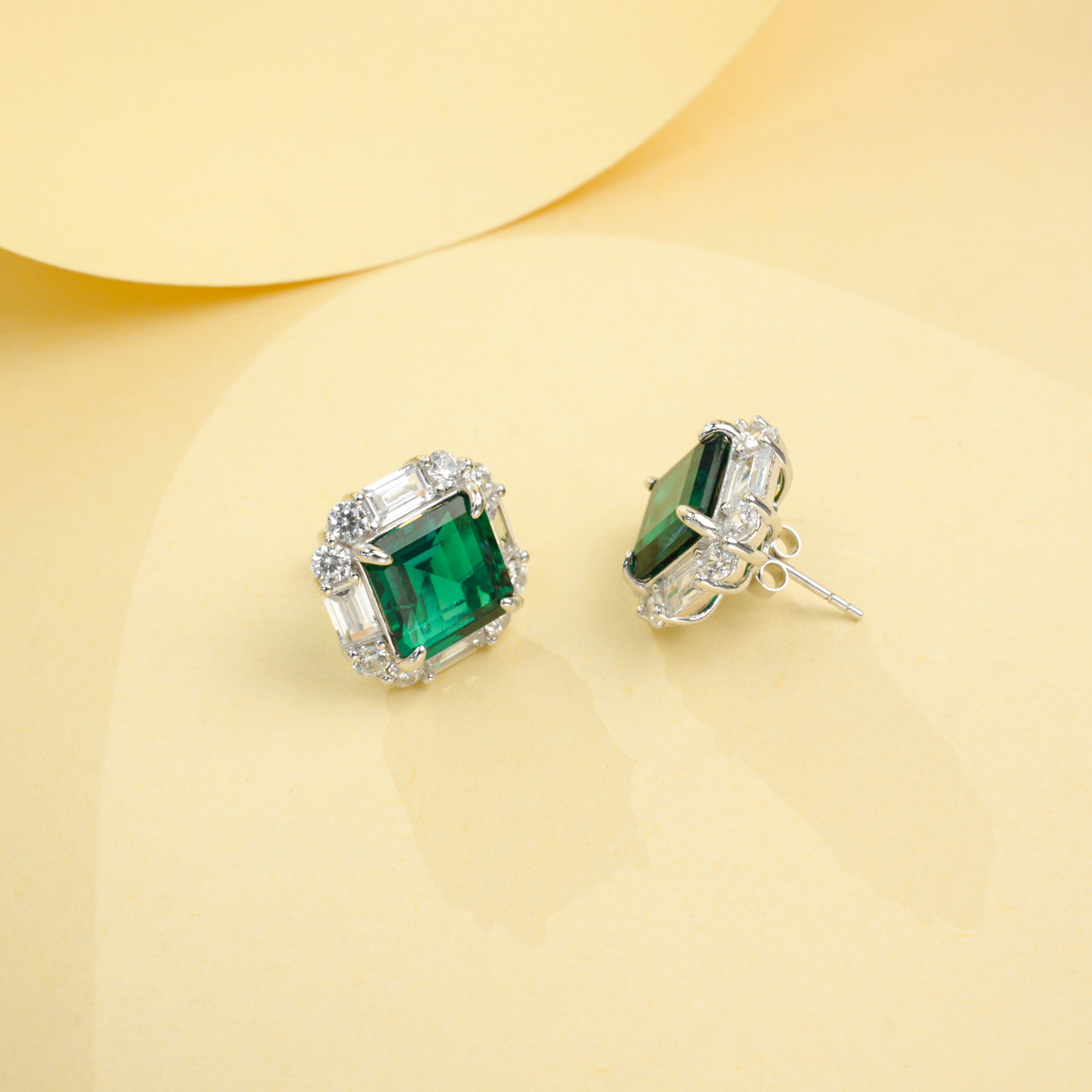 Lab-Grown Emerald - Square Emerald Diamond-Halo Rhombus-Shimmer Earrings