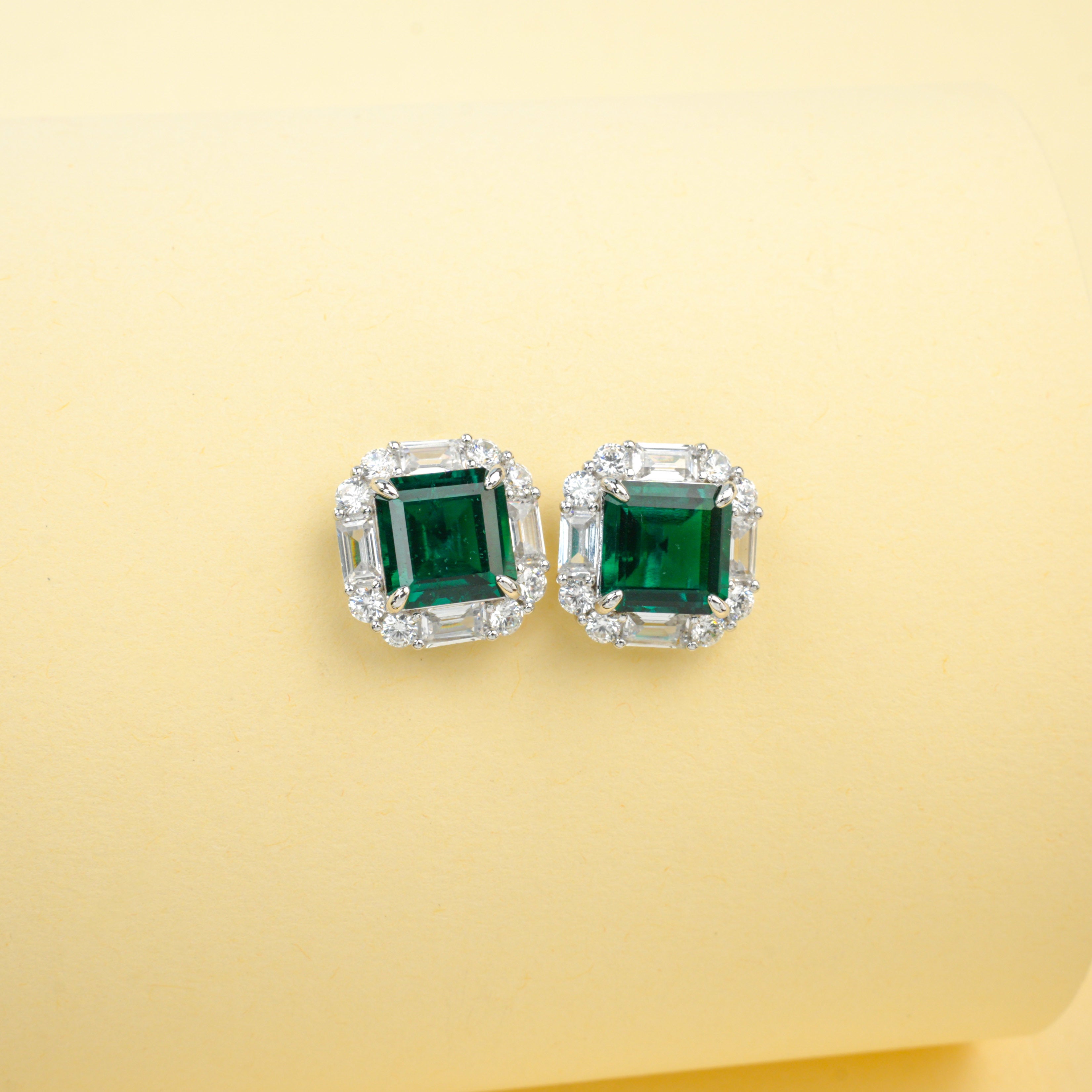 Lab-Grown Emerald - Square Emerald Diamond-Halo Rhombus-Shimmer Earrings