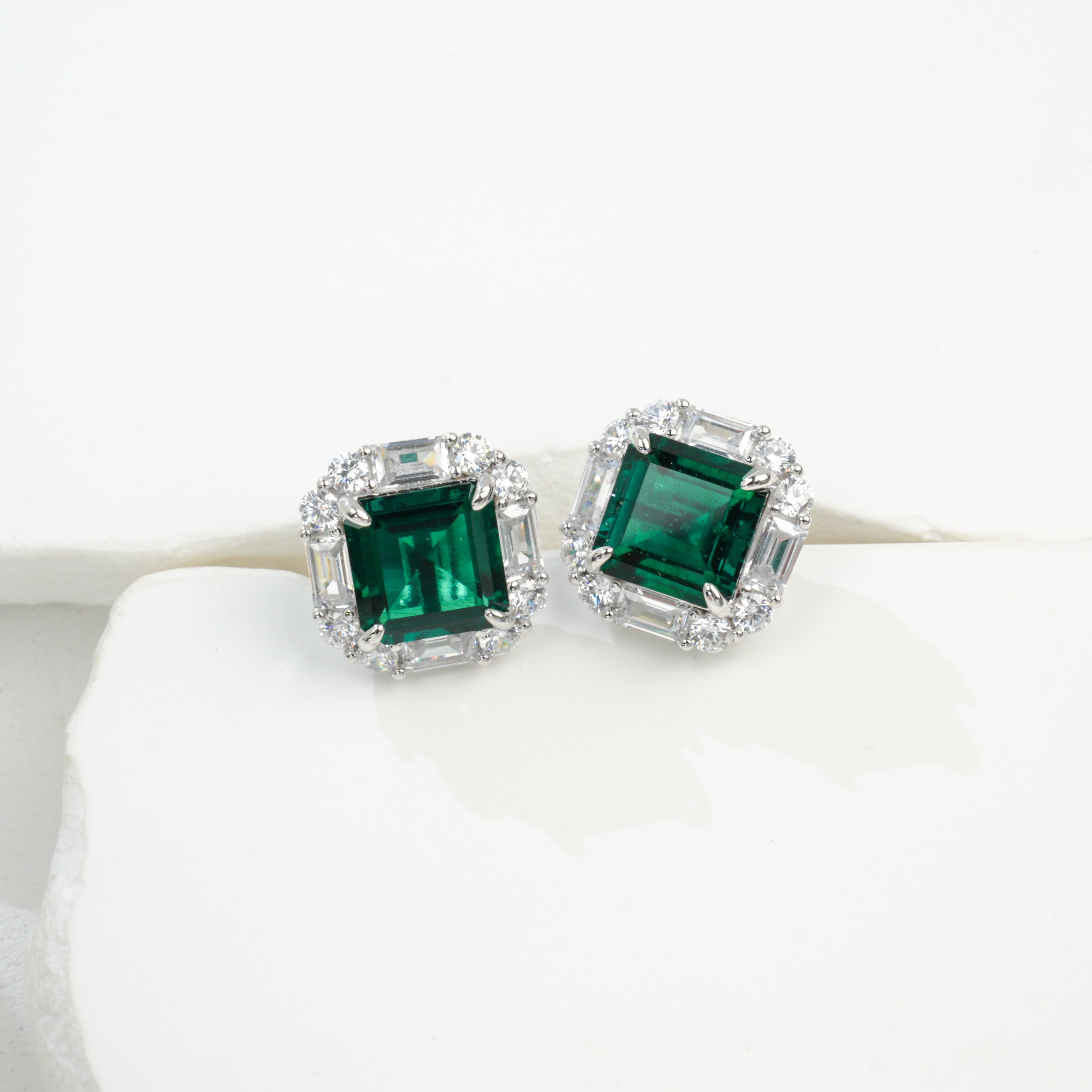 Lab-Grown Emerald - Square Emerald Diamond-Halo Rhombus-Shimmer Earrings
