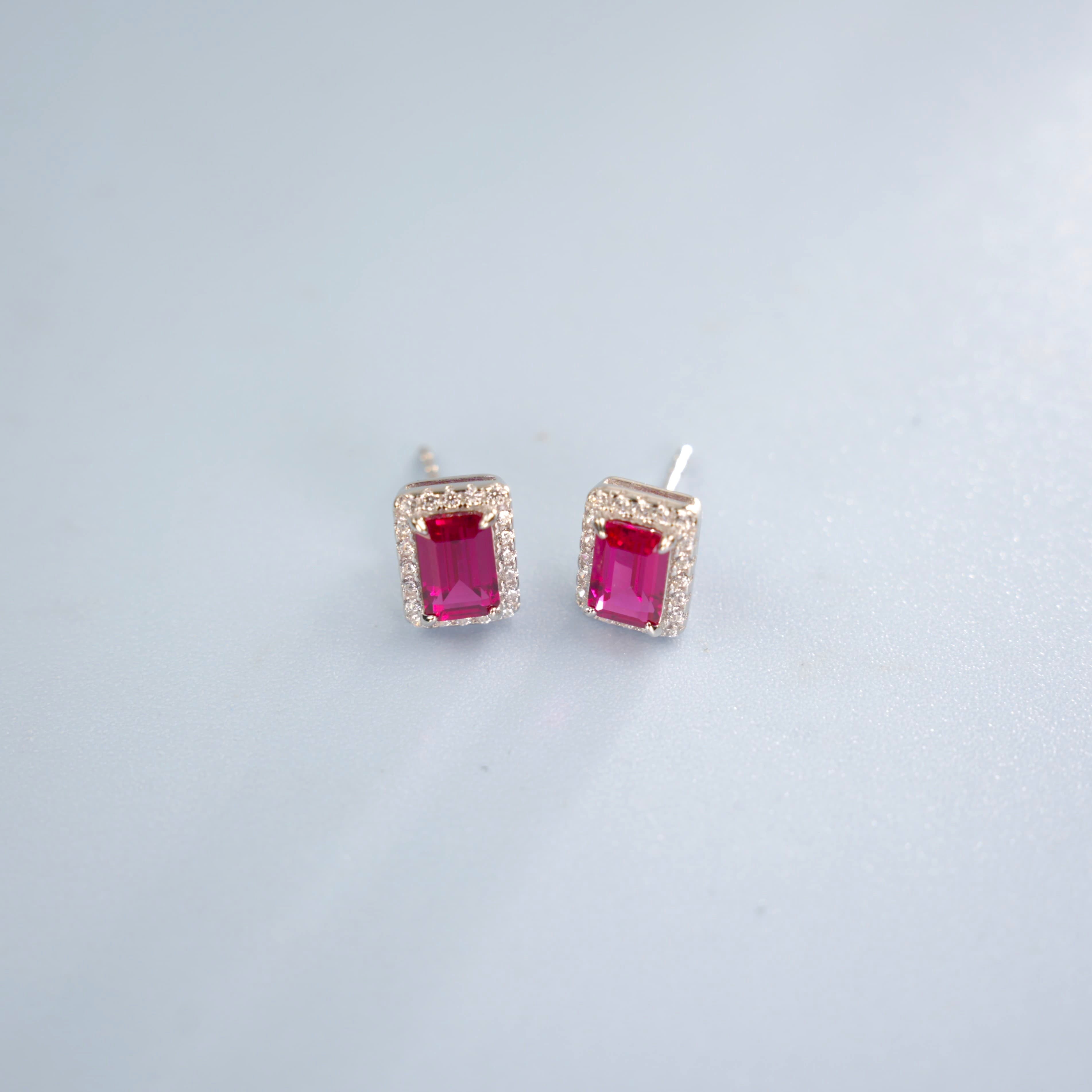 Lab-Grown Ruby - Long Crimson Diamond-Halo Square Hoop Earrings
