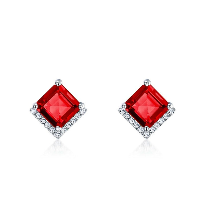 Lab-Grown Ruby - Rhombus Crimson Diamond-Edged Trapezoid Earrings