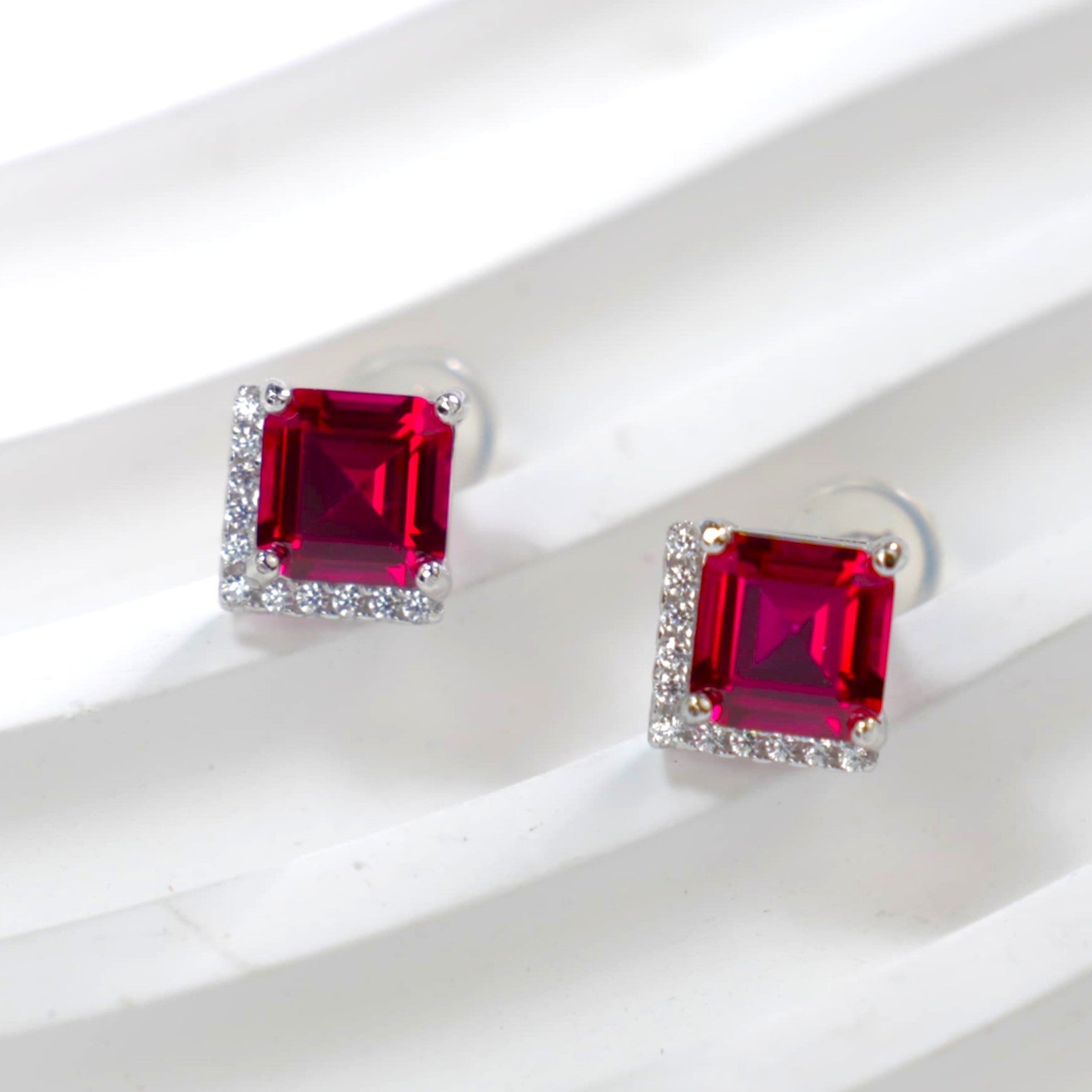 Lab-Grown Ruby - Rhombus Crimson Diamond-Edged Trapezoid Earrings