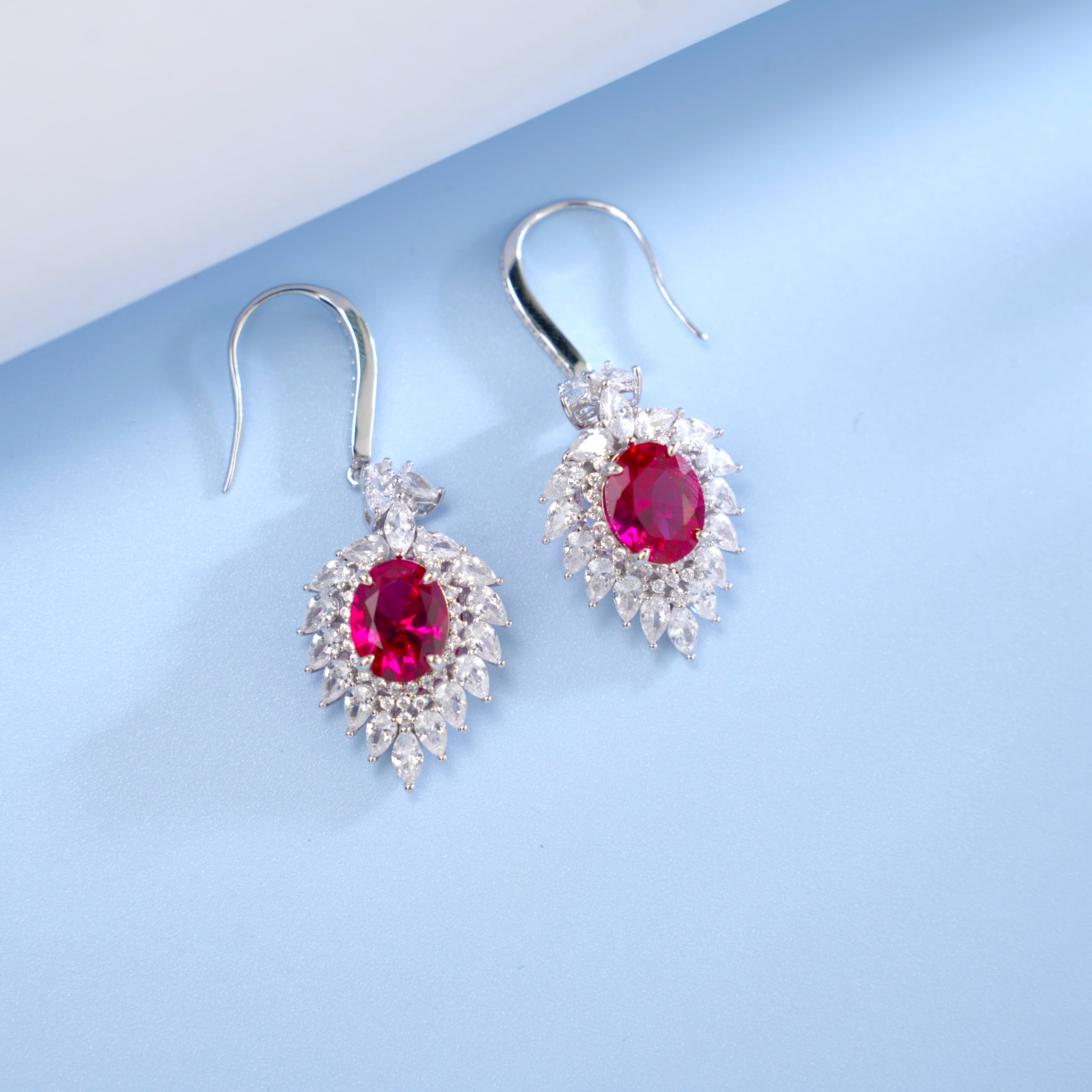 Lab-Grown Ruby - Oval Crimson Star-Blooming Dangle Ear Hooks
