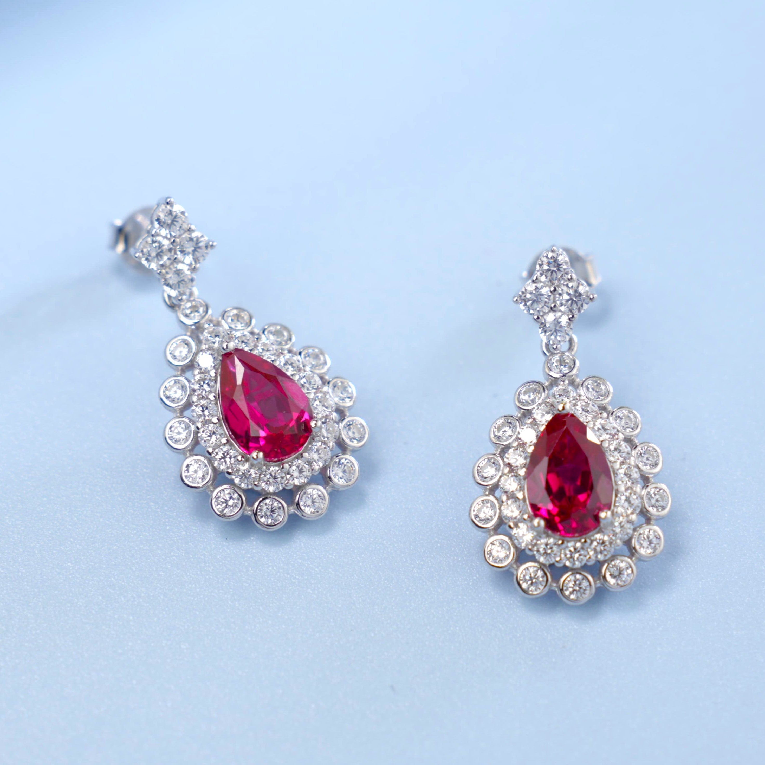 Lab-Grown Ruby - Teardrop Crimson Diamond-Cluster Dangle Earrings