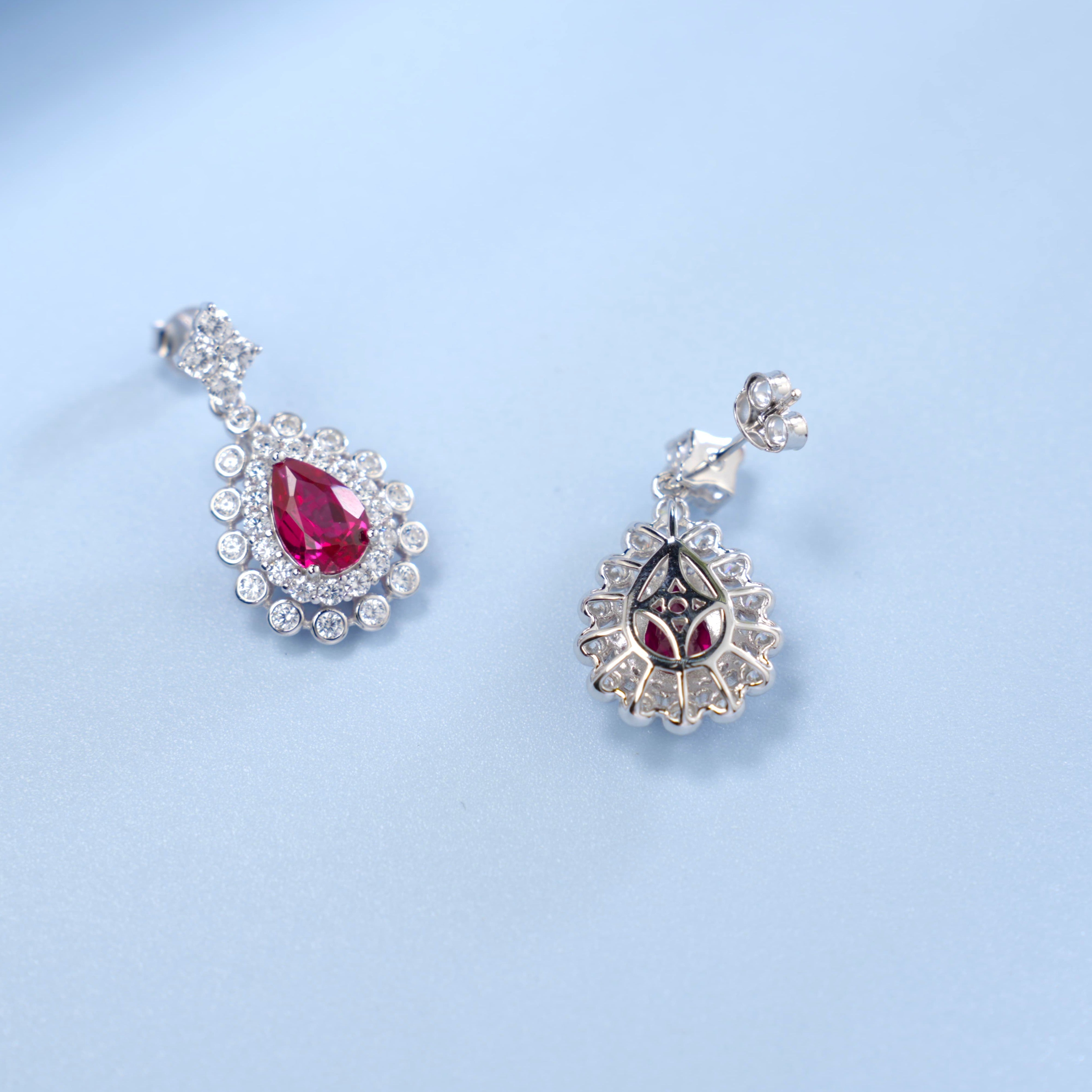 Lab-Grown Ruby - Teardrop Crimson Diamond-Cluster Dangle Earrings