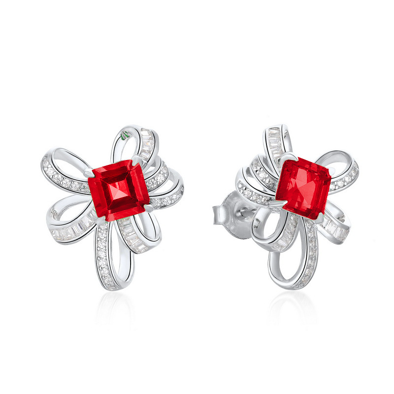 Lab-Grown Ruby - Square Crimson Satin-Knot Diamond-Wrapped Earrings