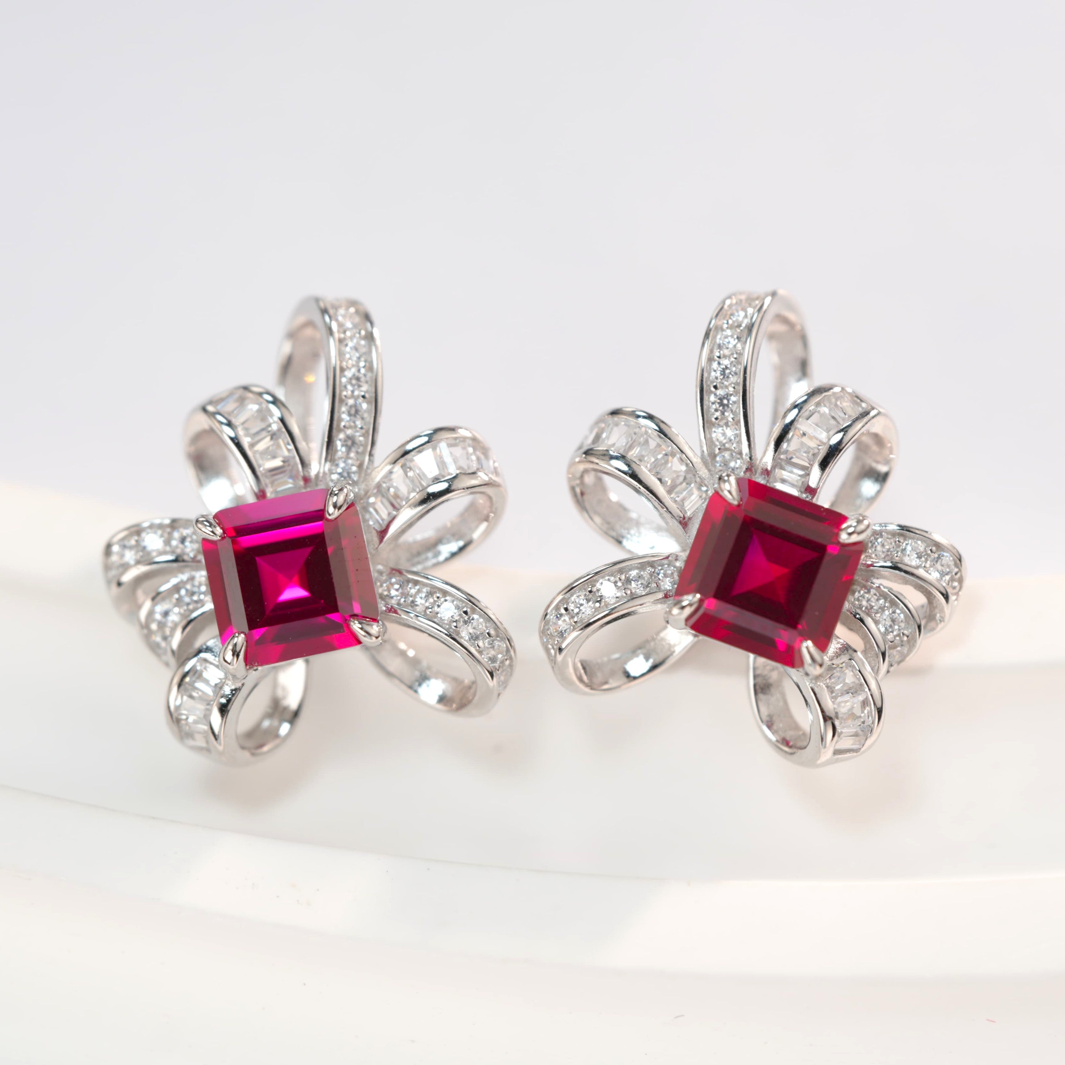 Lab-Grown Ruby - Square Crimson Satin-Knot Diamond-Wrapped Earrings