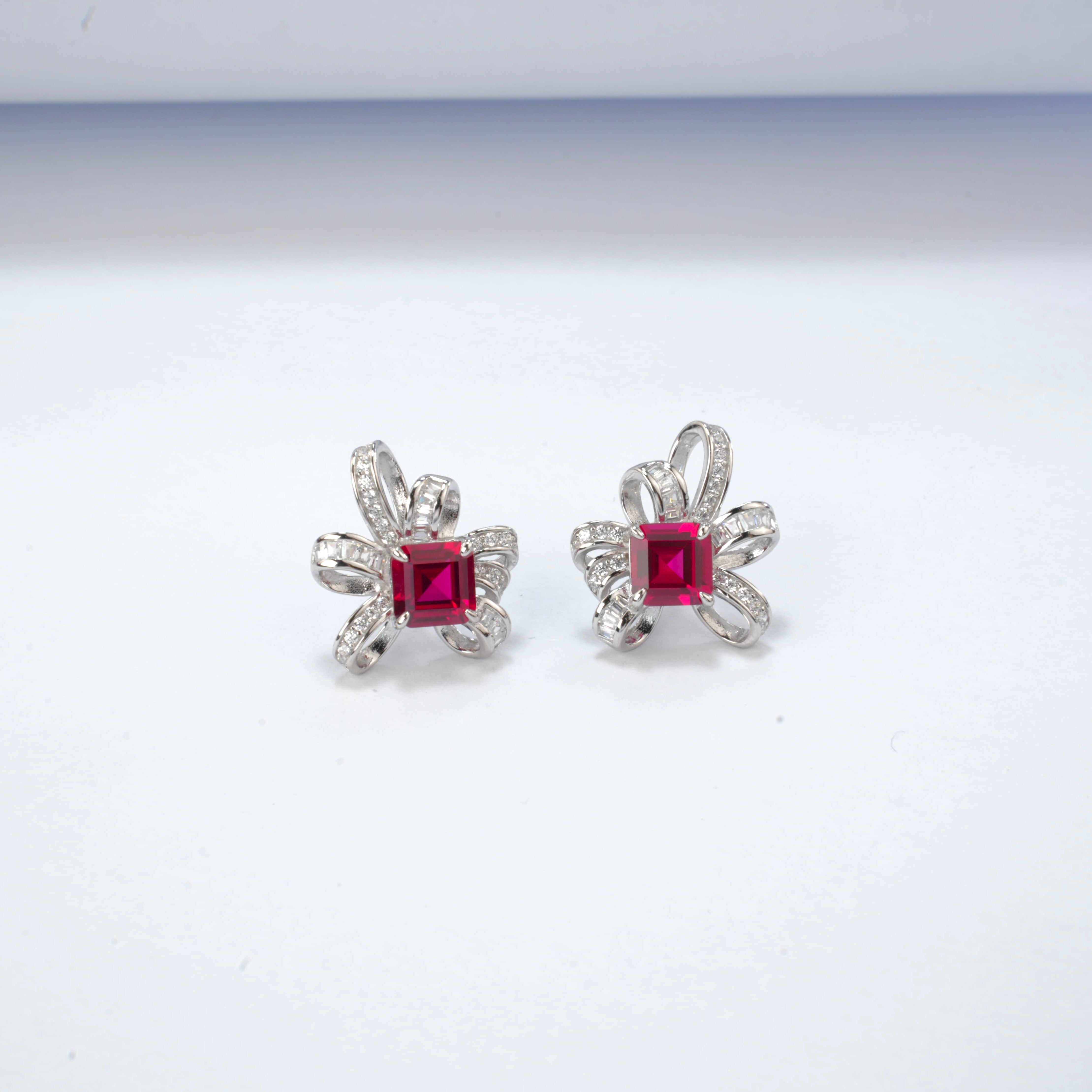Lab-Grown Ruby - Square Crimson Satin-Knot Diamond-Wrapped Earrings