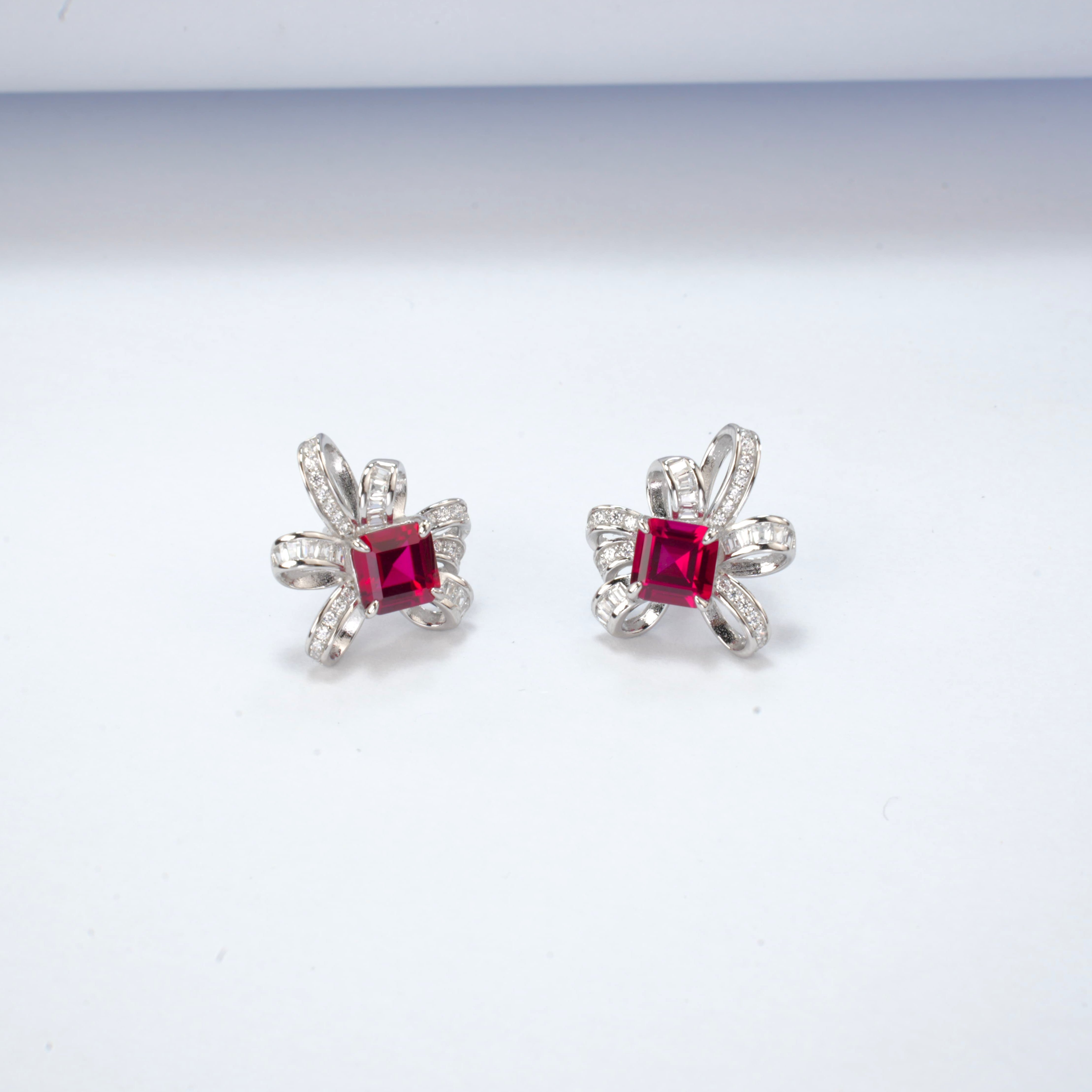 Lab-Grown Ruby - Square Crimson Satin-Knot Diamond-Wrapped Earrings