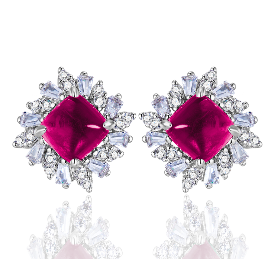 Lab-Grown Ruby - Rhombus Crimson Starburst Diamond-Cluster Earrings