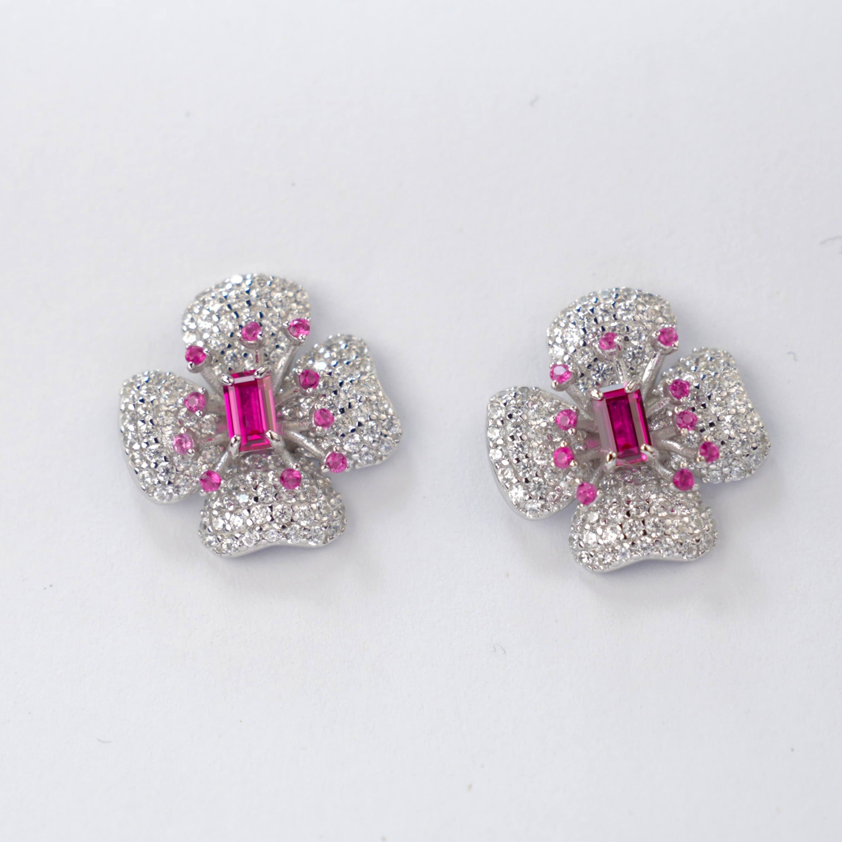 Lab-Grown Ruby - Flower-Cluster Crimson Heart Four-Leaf Earrings