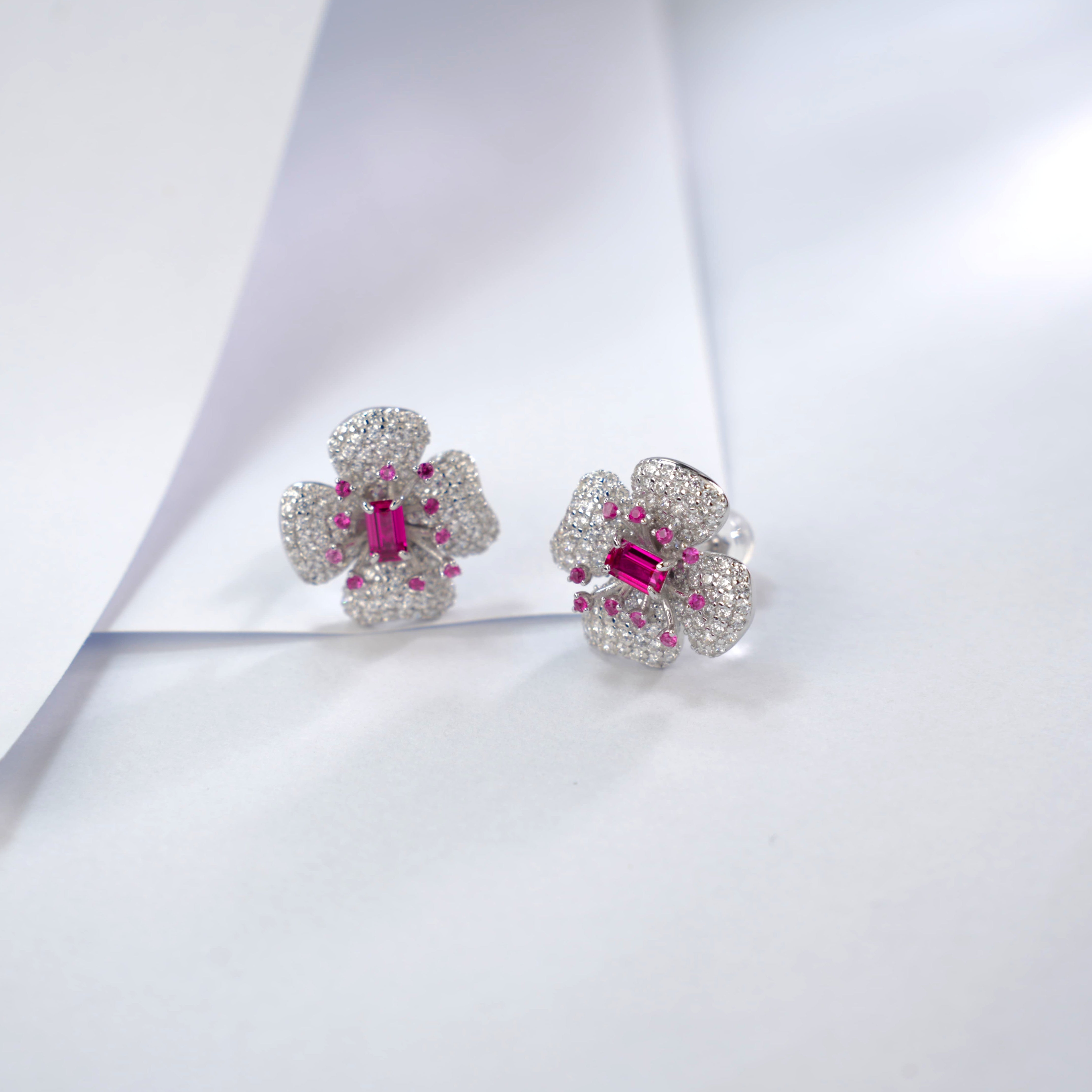 Lab-Grown Ruby - Flower-Cluster Crimson Heart Four-Leaf Earrings