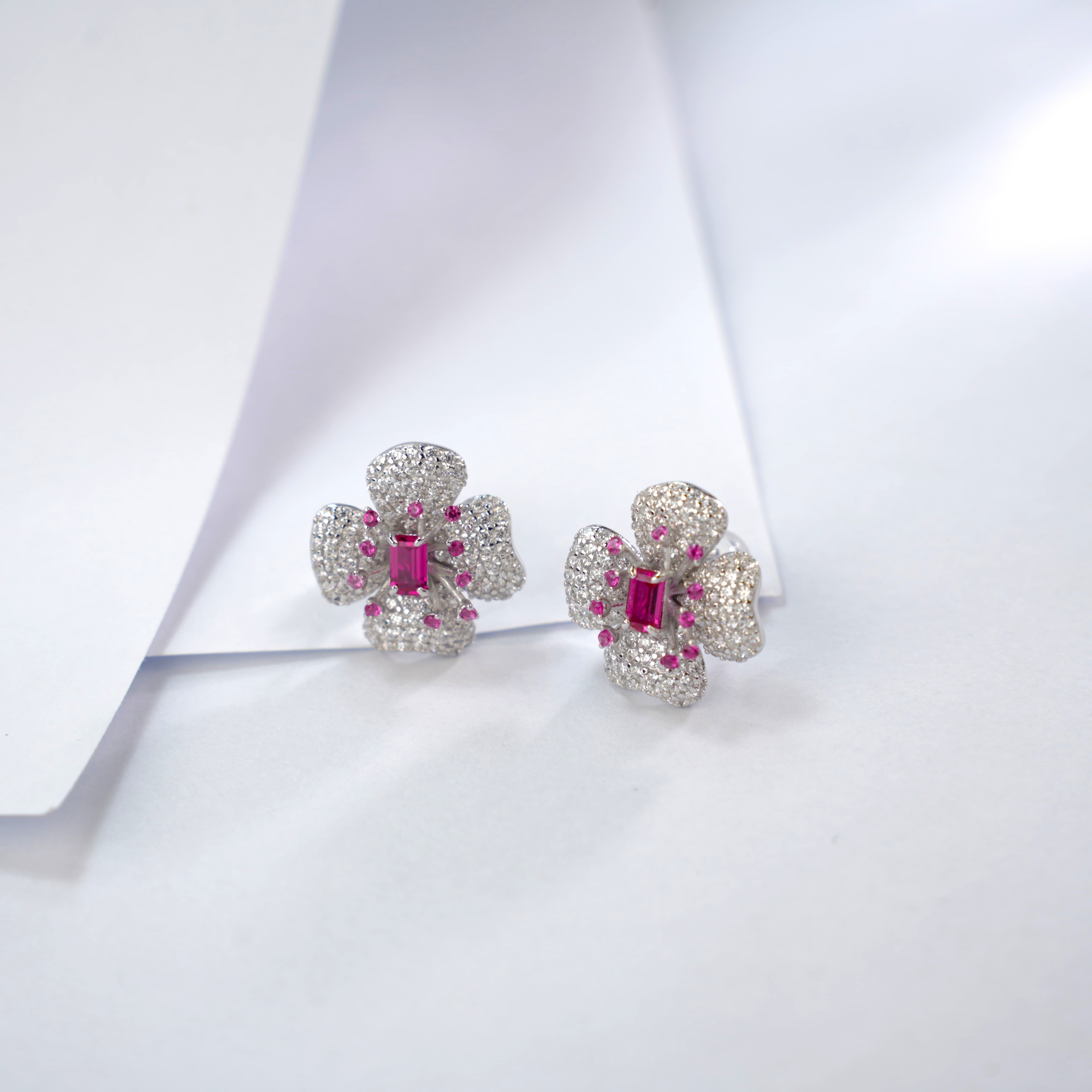 Lab-Grown Ruby - Flower-Cluster Crimson Heart Four-Leaf Earrings