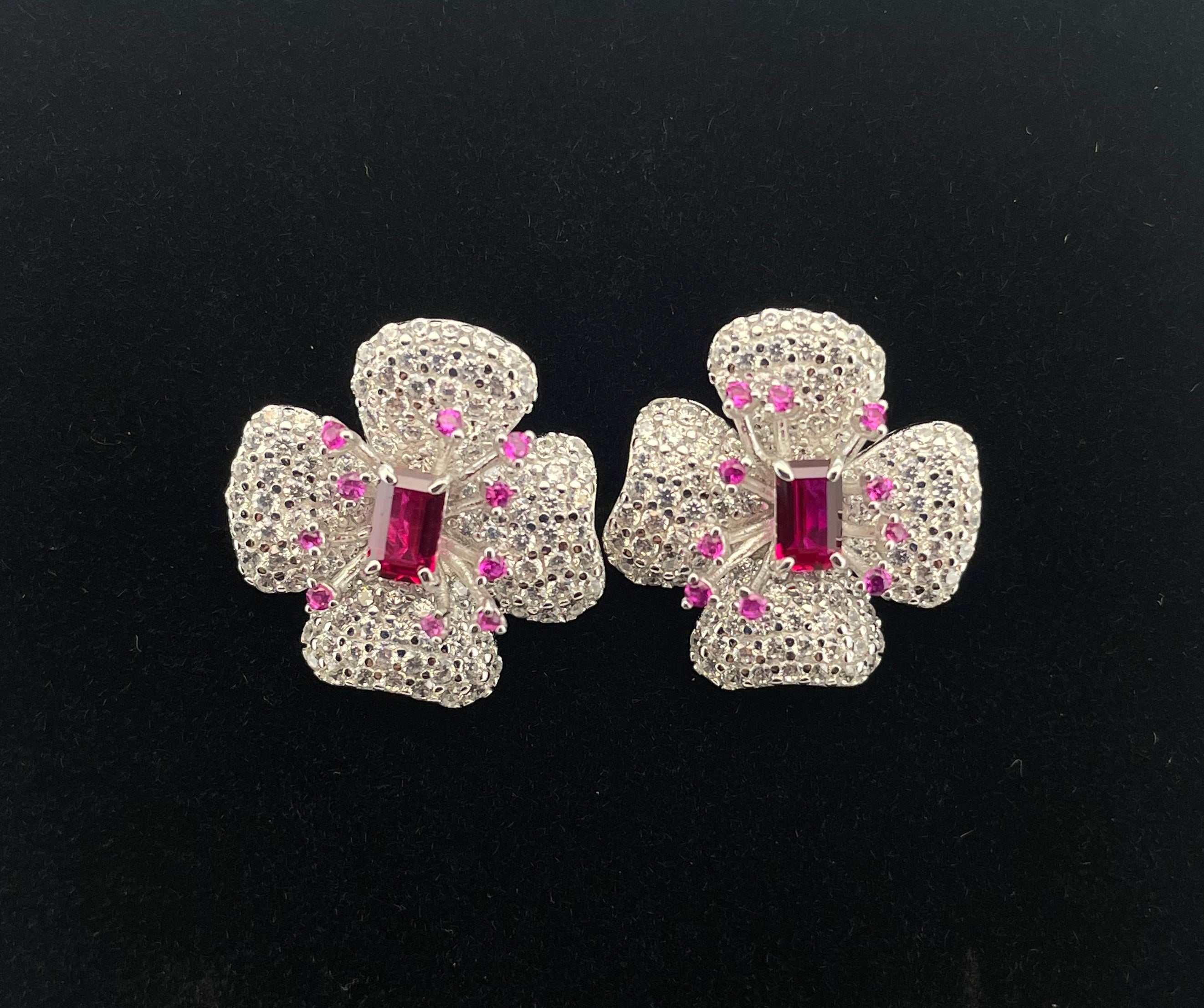 Lab-Grown Ruby - Flower-Cluster Crimson Heart Four-Leaf Earrings