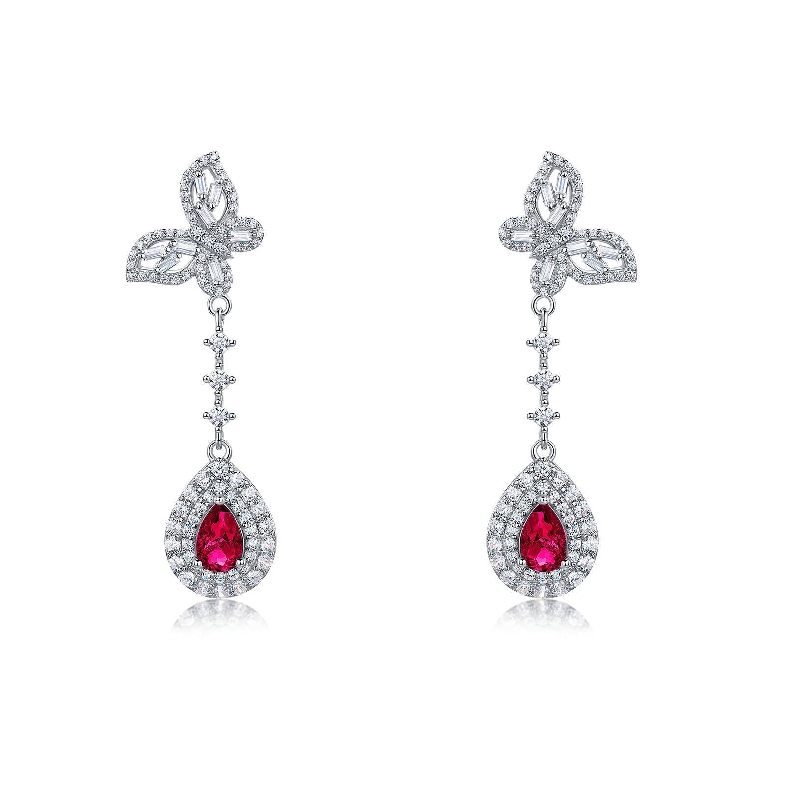 Lab-Grown Ruby - Butterfly Feather Crimson Teardrop Dangle Ear Hooks